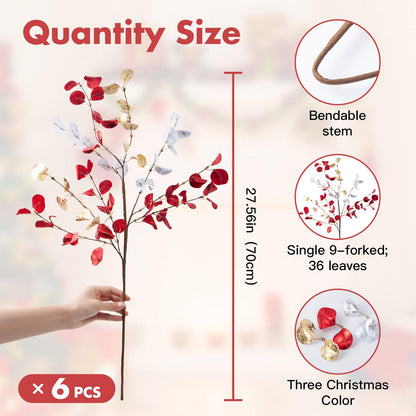 Voqoza 6pcs Eucalyptus Stems Fake Red Gold Silvery Christmas Decorations Leaves Artificial Silk Flowers Bouquet Faux Branches Centerpiece Flores Plants for Home Party Decor Wedding Decoration