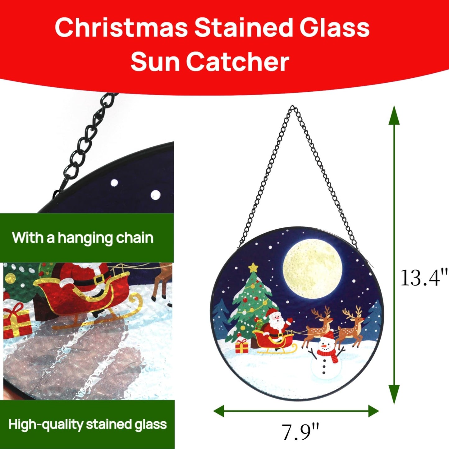 Christmas Stained Glass Suncatcher Window Decor with Santa, Reindeer, Snowman Home Decoration Indoor for Bedroom Living Room Door Wall for Women Men Friend Parent Lover, 7.8 Inch