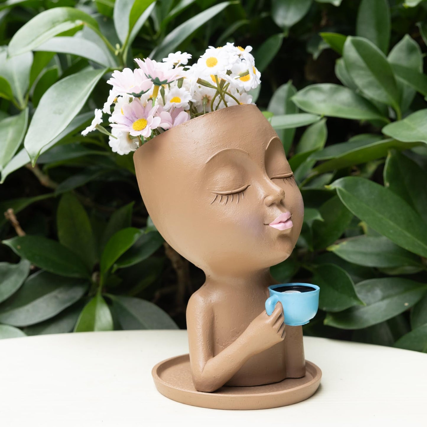 LaulaEnderay Lady Face Planters Flower Pot for Indoor Outdoor Plants, Funny Resin Succulent Planter with Drainage Hole, Cute Head Plant Pots for Home Decor Brown