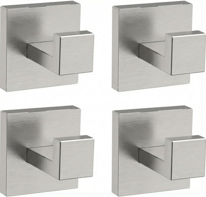 Hiuqixe Towel Hooks for Bathroom 4 Pack, Heavy Duty SUS304 Stainless Steel Robe Hook Wall Mounted, Square Coat Hook Set of 4 for Kitchen Bedroom Hotel Entryway, Brushed Nickel