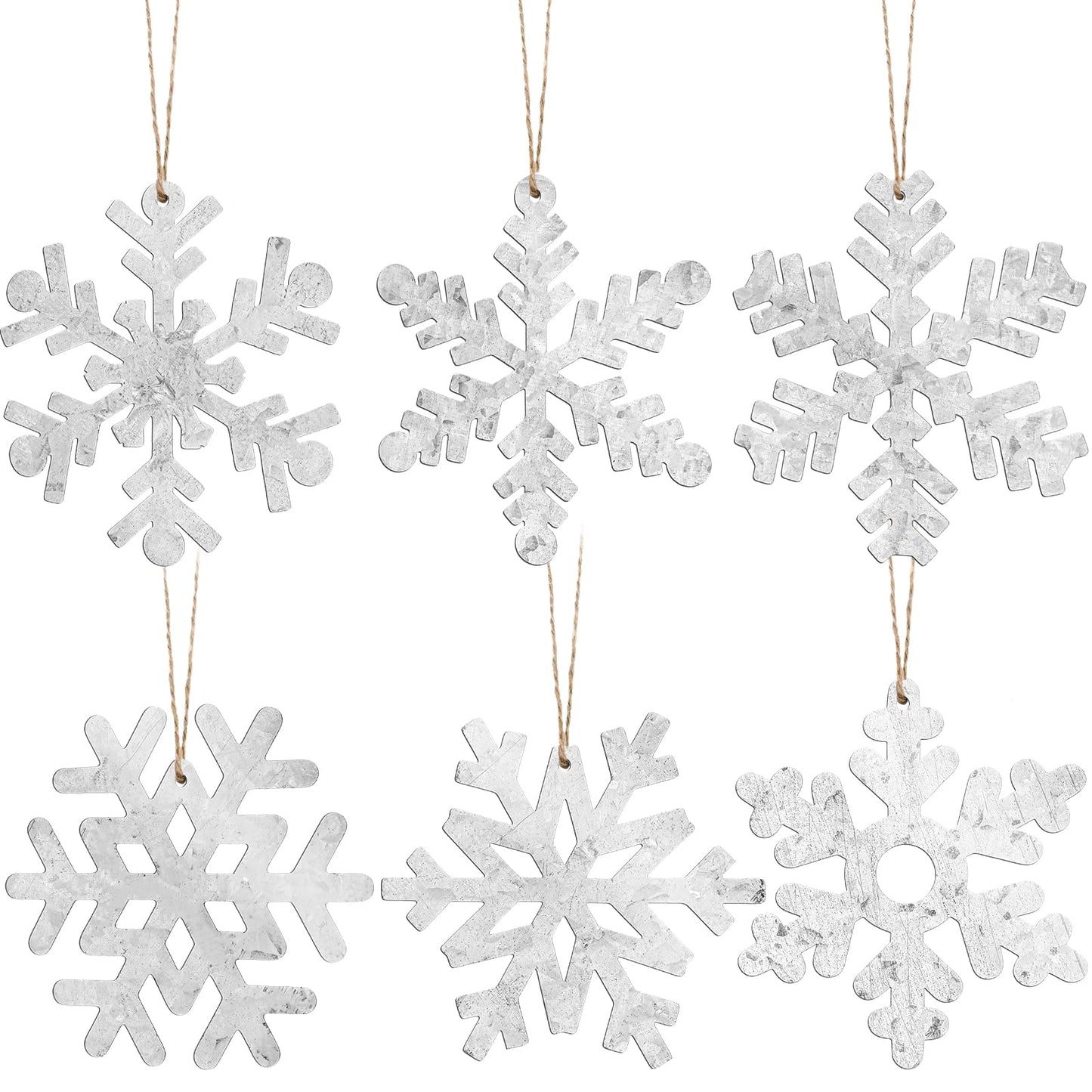 Oudain 6 Pieces Metal Snowflake Ornaments Christmas Galvanized Snowflake Hanging Ornament Farmhouse Snowflake Tree Hanging Decoration for Xmas Winter Party Decor, 5.12 Inch, Silver
