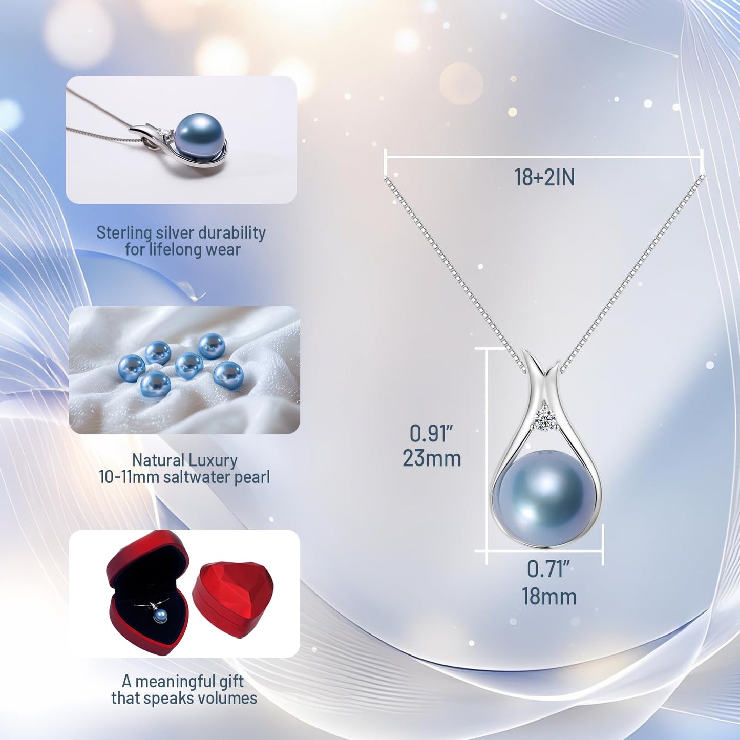 YAMI Akoya Blue Pearl Necklace 10-11mm Saltwater Cultured Pearl with 925 Sterling Silver Adjustable Chain for Women, Mom, Wife - Luxury Jewelry Gift for Anniversary, Birthday, Mother's Day