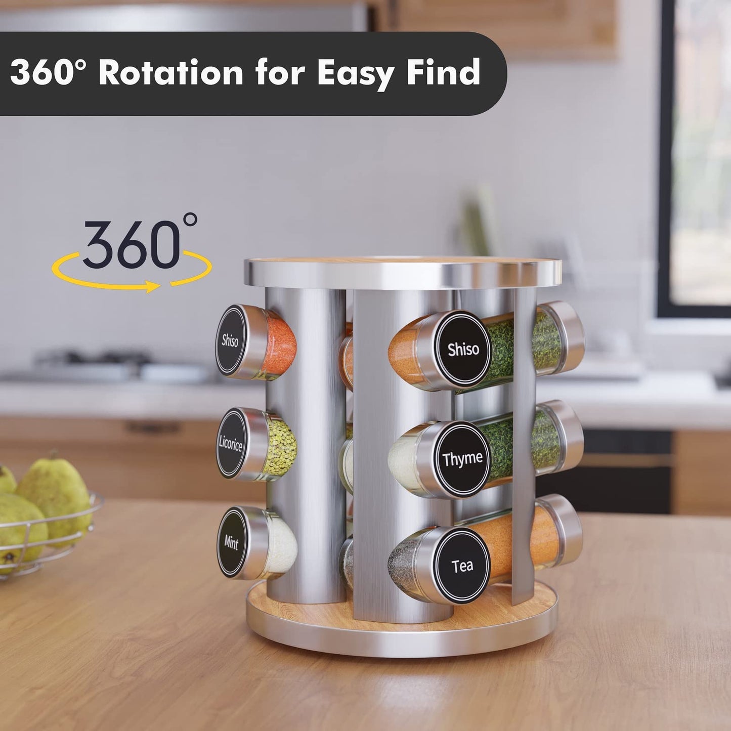 Revolving Spice Rack Set with 20 Spice Jars, Kitchen Spice Tower Organizer for Countertop or Cabinet -- Carousel Storage Includes 386 Spice Labels -- Desktop Rotating Seasoning Organizer
