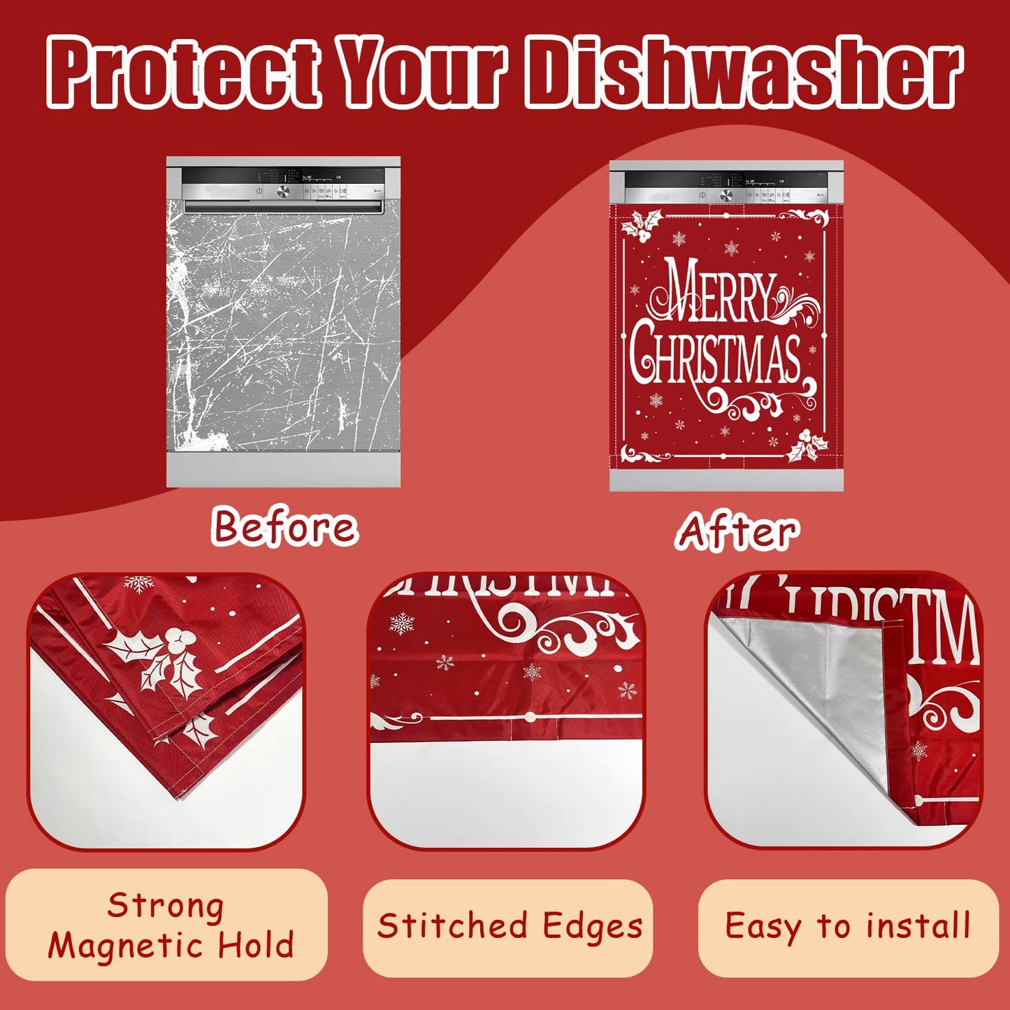 Christmas Dishwasher Magnet Cover 23x26in Merry Christmas Dishwasher Cover for Washers Fridge Panel, Snowflake Magnetic Covers for Kitchen, Machine Door Covers Decor, Red Christmas Kitchen Decor