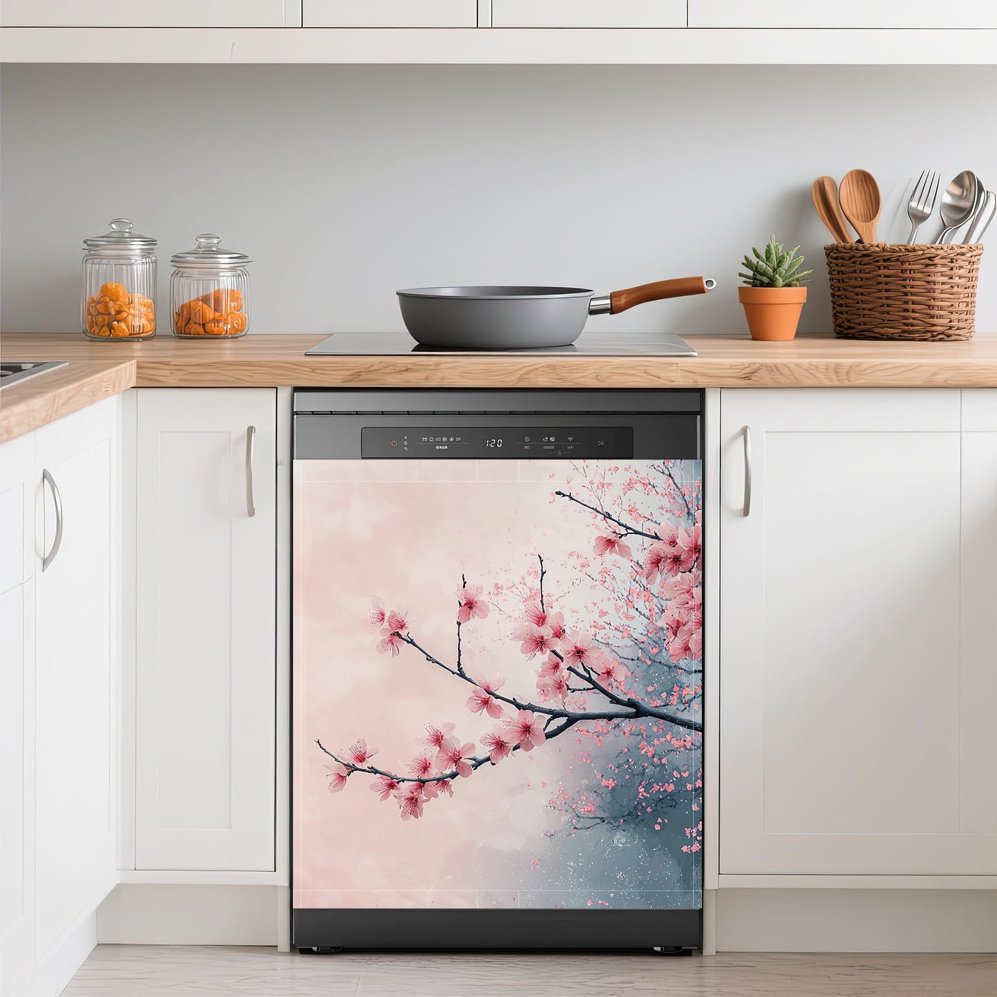 Cherry Blossom Refrigerator Magnet Cover,Pink Flowers Washable Dishwasher Magnets Decorative Cover,Home Kitchen Decorative Dishwasher Front Panel Cover 23x26 Inch