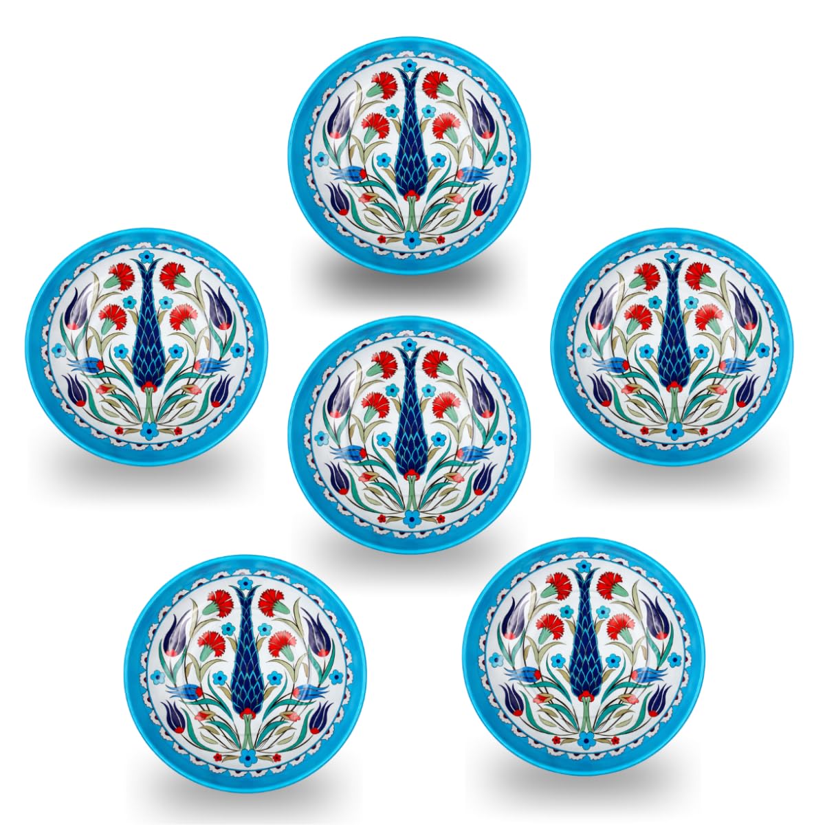 NOVAMEM 6 Pack Metal Snack Bowls – Lightweight & Durable – 3.74 - Inch Small Sauce Bowls - Mediterranean Design–Perfect for Charcuterie, Soy Sauce, Spices, Tapas, Picnics. (Floral Turquoise)