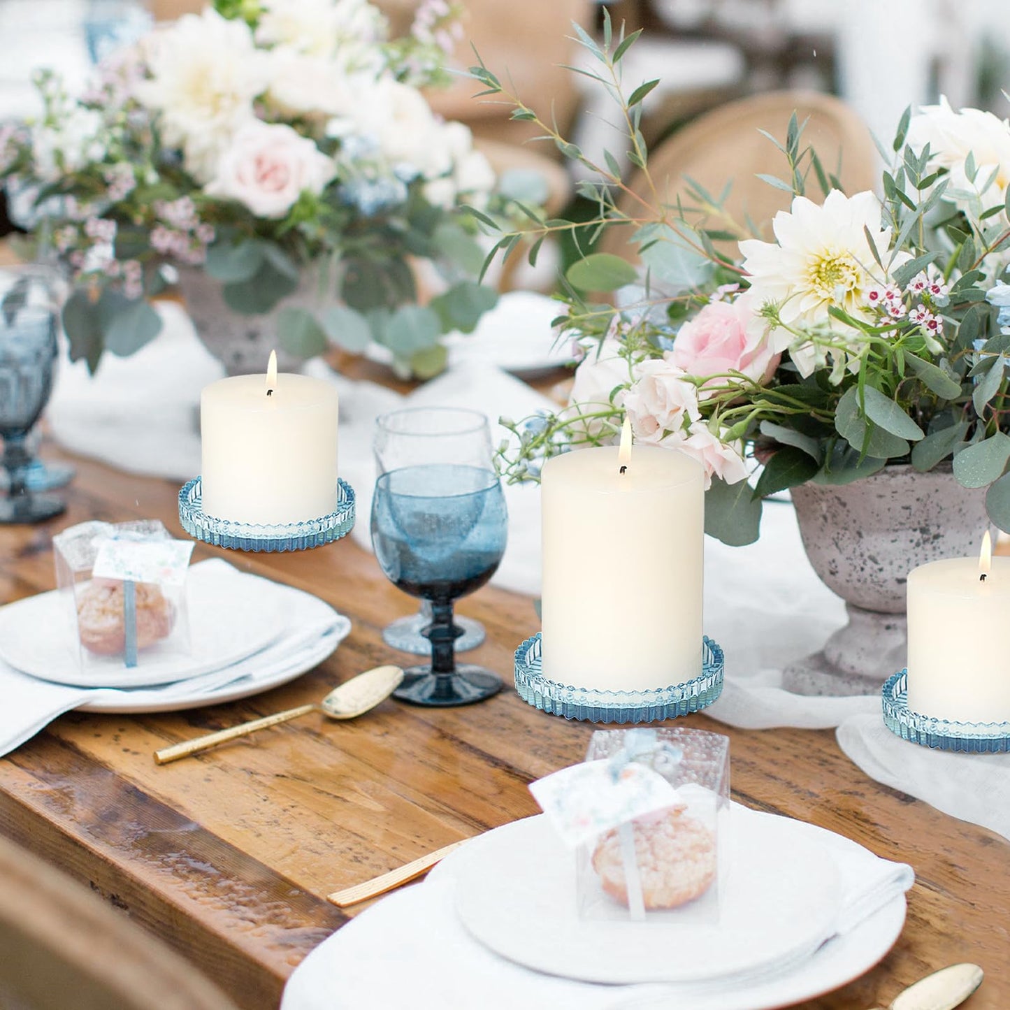CHOCSTAY Glass Pillar Candle Holder, 4" Blue Candle Plates Set of 3, Glass Candle Holders for Wedding, Party, Holiday, Home Decor, Table Centerpiece