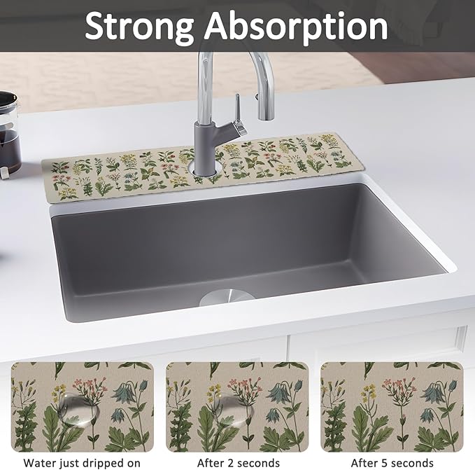 2PCS 24" X 5.5" Kitchen Sink Splash Guard Faucet Mat Floral Super Absorbent