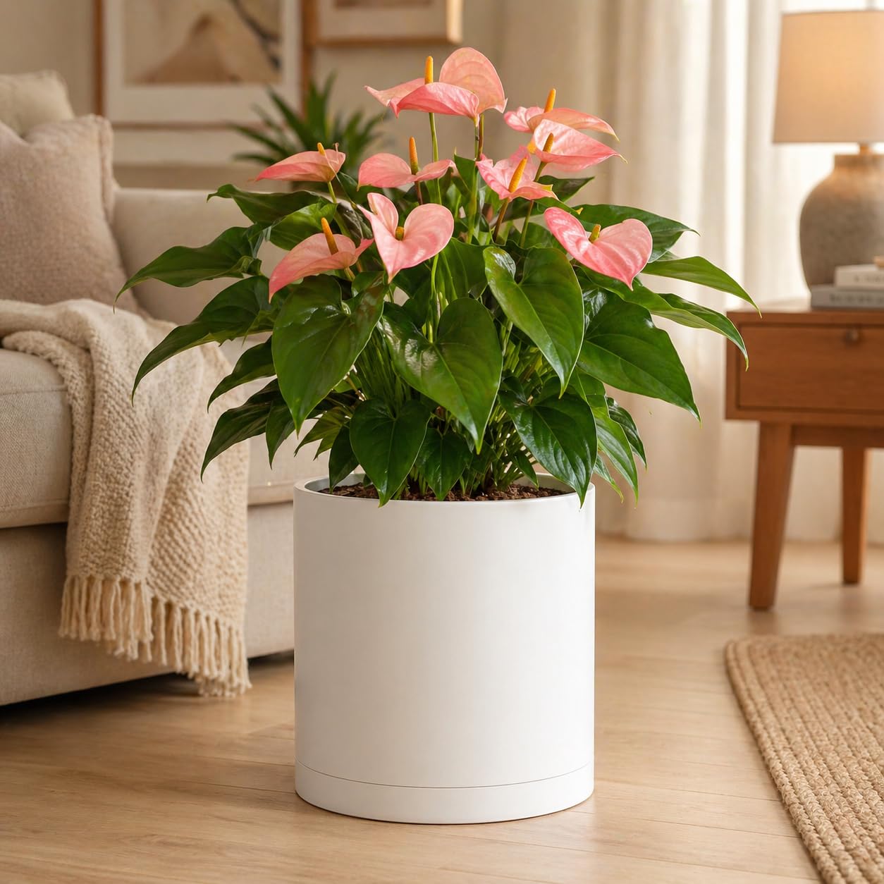 Giraffe Creation 14-Inch Round Cylinder Plant Pot, Modern Indoor/Outdoor Planter with Drainage Hole, Saucer & Water Reservoir, White