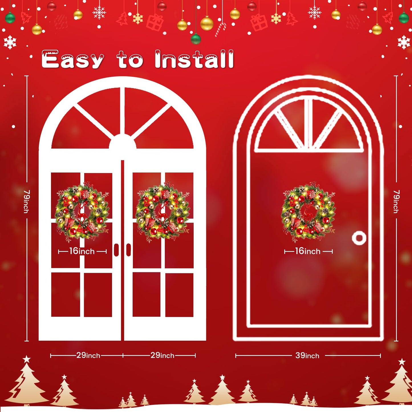 Quntis Lighted Christmas Wreath Front Door - 16'' Reindeer Winter Wreath with 8 Modes Timer, Red Gold Balls, Snowflakes, Pine Cones, Berries for Indoor Outdoor Holiday Windows Fireplace Mantel Porch