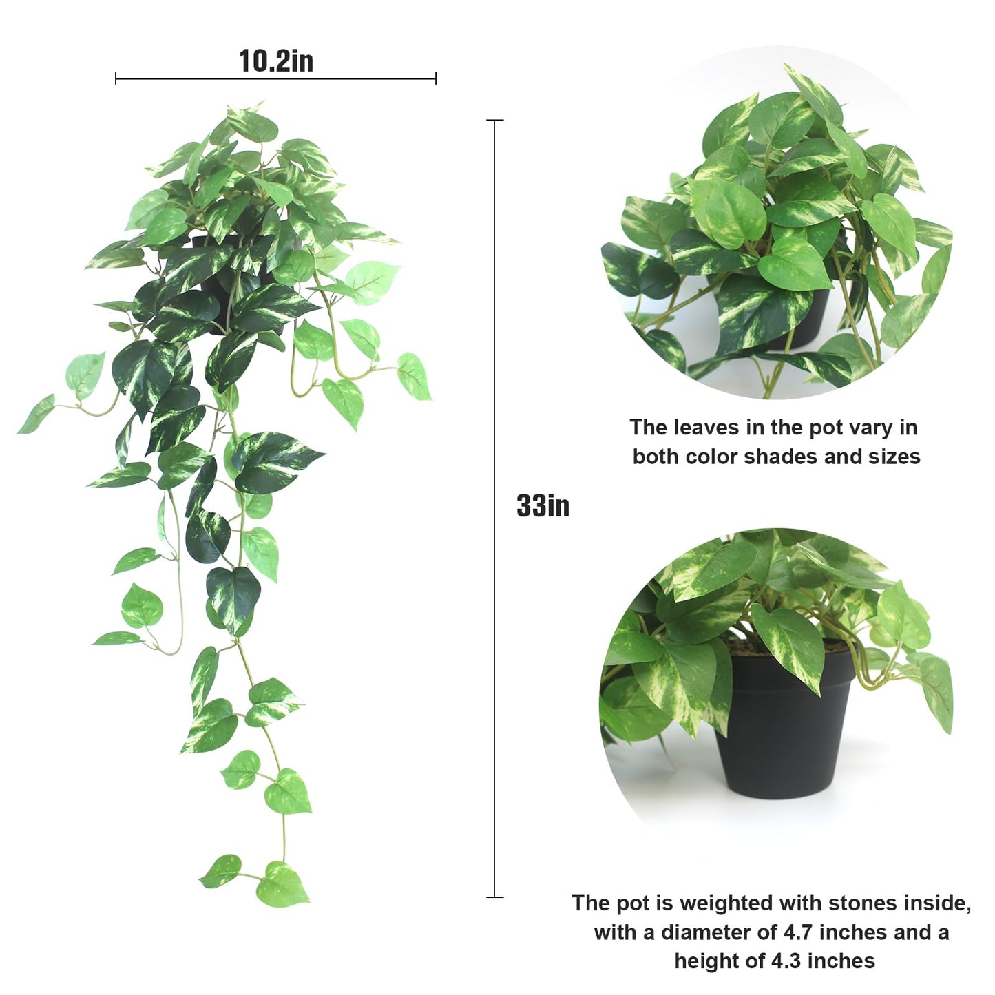 Fake Pothos Hanging Plants - 33" Set of 2 Artificial Silk Ivy Vines with Pots, Realistic Faux Greenery for Indoor Home Office Bathroom Decor, Low Maintenance Hanging Plant Decoration - Golden Green