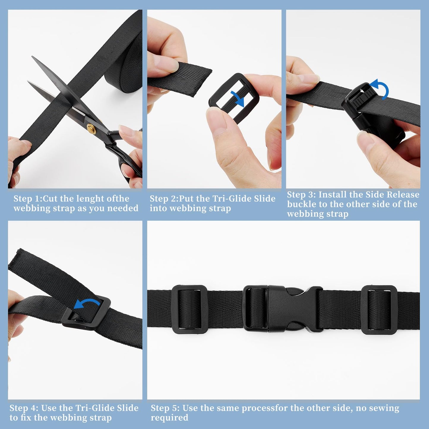 UQW Buckles and Straps Combo Set,10 Yards Nylon Webbing 1 Inch Wide with 6 Dual Adjustable Side Release Plastic Buckles, 12 Pcs Tri-Glide Slider Clips (1" Set Black)