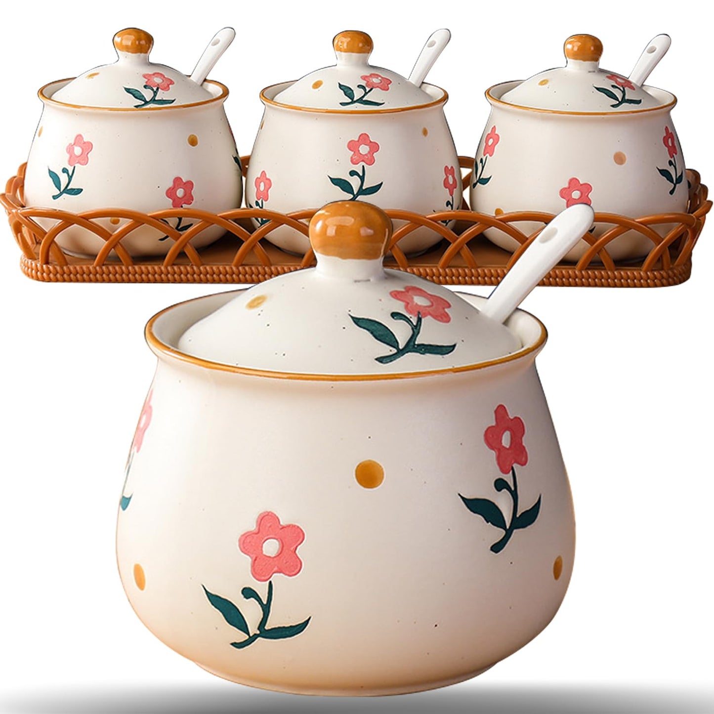 Orkim Kitchen Ceramic Condiment Jars with Lids and Spoons, 3 Piece Porcelain Seasoning Jar Set for Salt Spice Pepper Suger Bowl, Coffee Tea Container Pot with Serving Tray - A Pink Flower