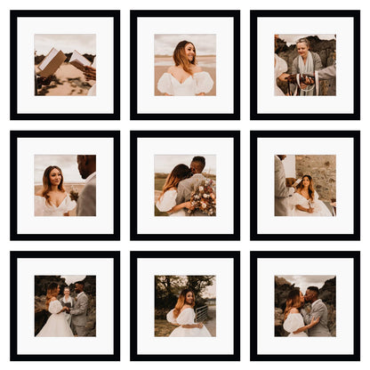 BSRHOME 12x12 Picture Frame Set of 9, Display Pictures 8x8 with Mat or 12x12 without Mat, Multi Collage Gallery Square Photo Frames for Wall or Tabletop, Black