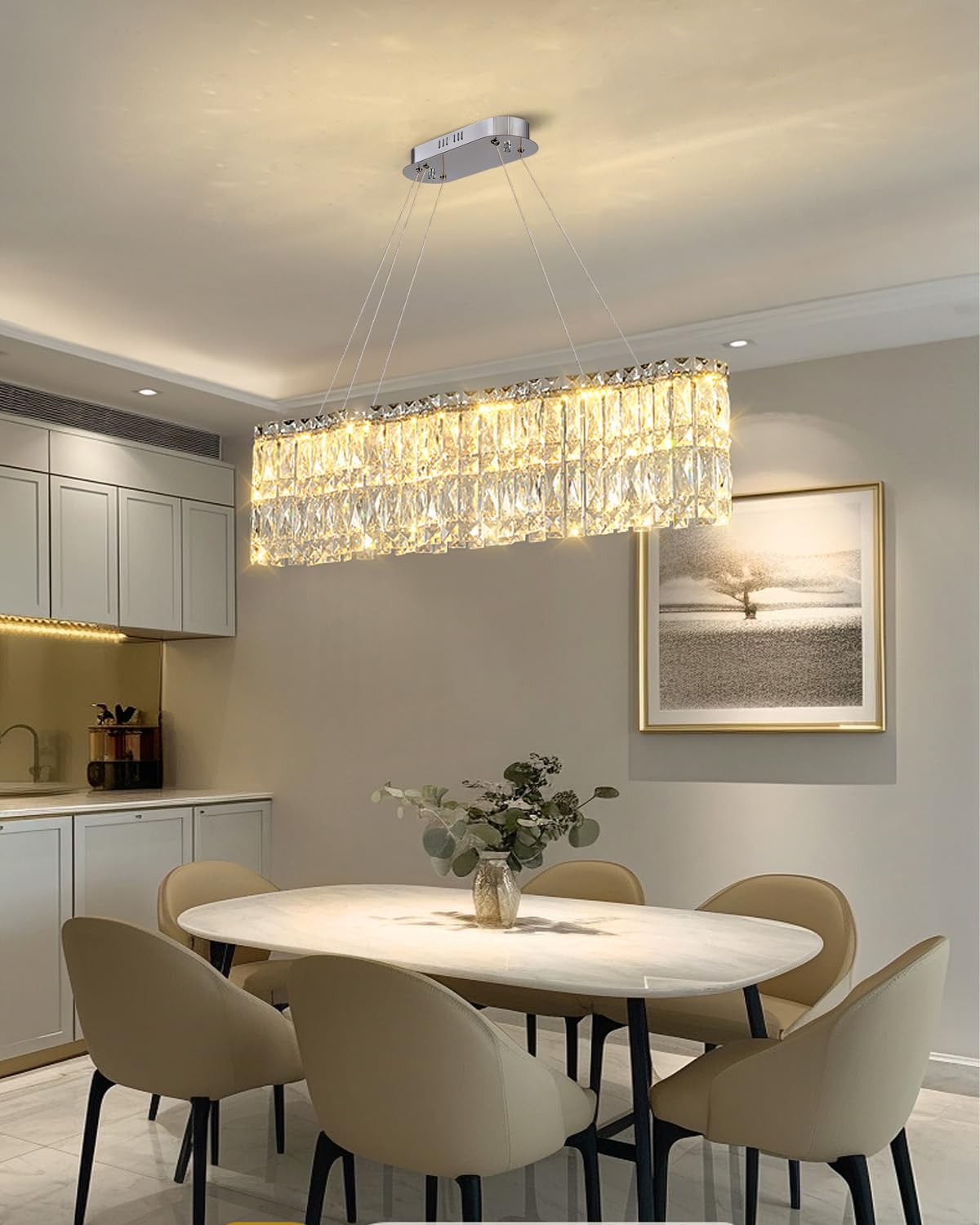 Dfxinyuan Modern Rectangle Crystal Chandeliers for Dining Room 31.4″ Linear Glass Chandelier Pendant Light Fixture for Kitchen Island Living Room, L31.4″×W13.7″×H8.6″