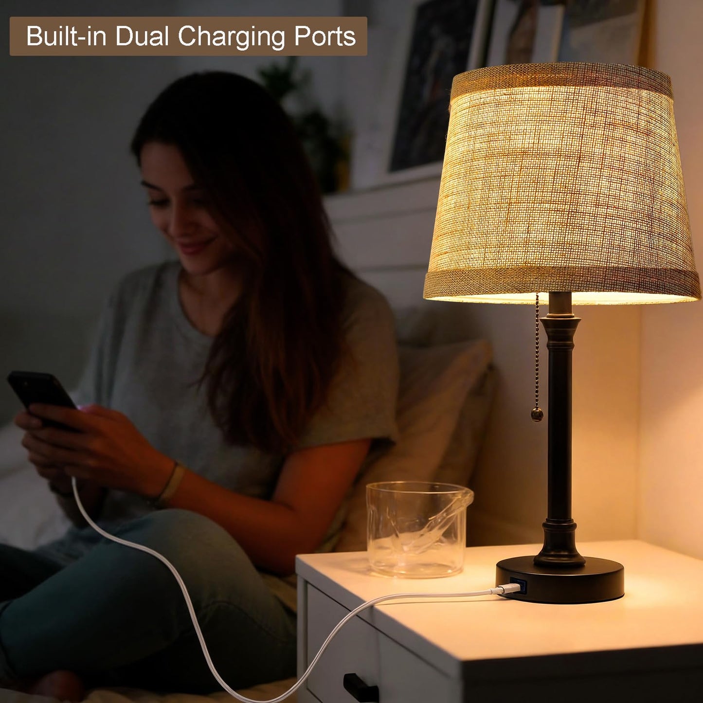Oneach 19.5" Small Table Lamp with USB A+C Charging Ports, Black Modern Rustic Bedside Lamp with Natural Shade, Black Metal Pull Chain Desk Lamps for Living Room, Bedroom, Nightstand