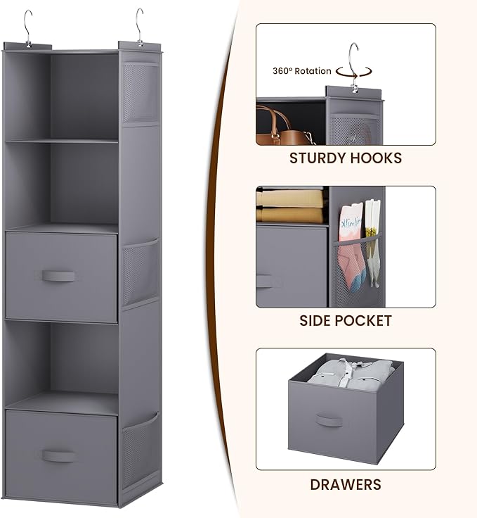 YOUDENOVA Hanging Closet Organizer, 5 Tier Hanging Closet Shelves