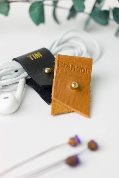 Keyaiira - Personalized Leather Cable Holder with Gold Closure - laptop charging cord keeper customized wire organizer monogram gift ideas tech and travel accessories earbud holder stocking stuffer