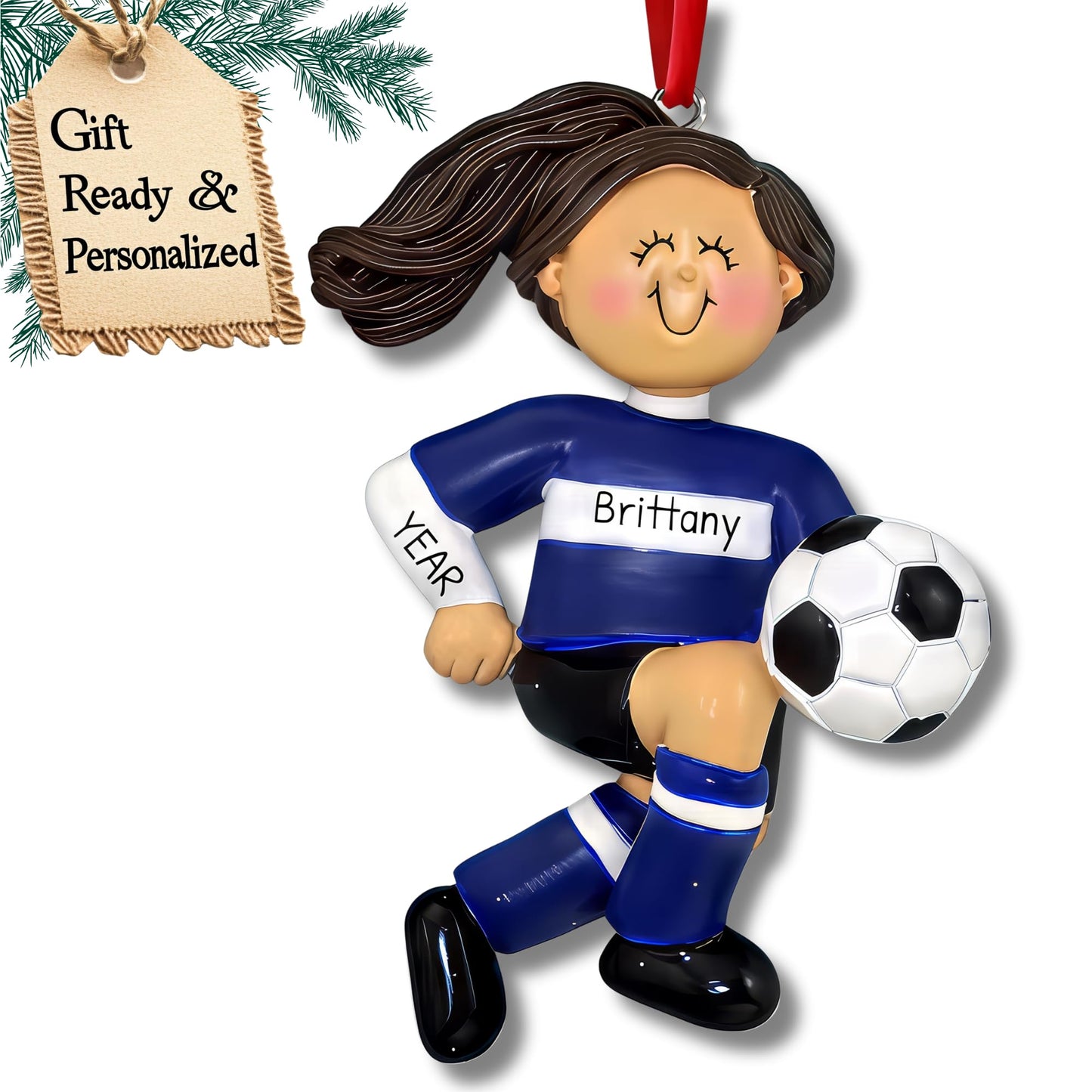 3D Girl Soccer Ornaments for Christmas Tree - Personalized Soccer Ornament 2025 Personalized Christmas Ornaments for Kids Gifts for Girls Custom Name & Year Brunette Player with Blue Jersey Keepsake