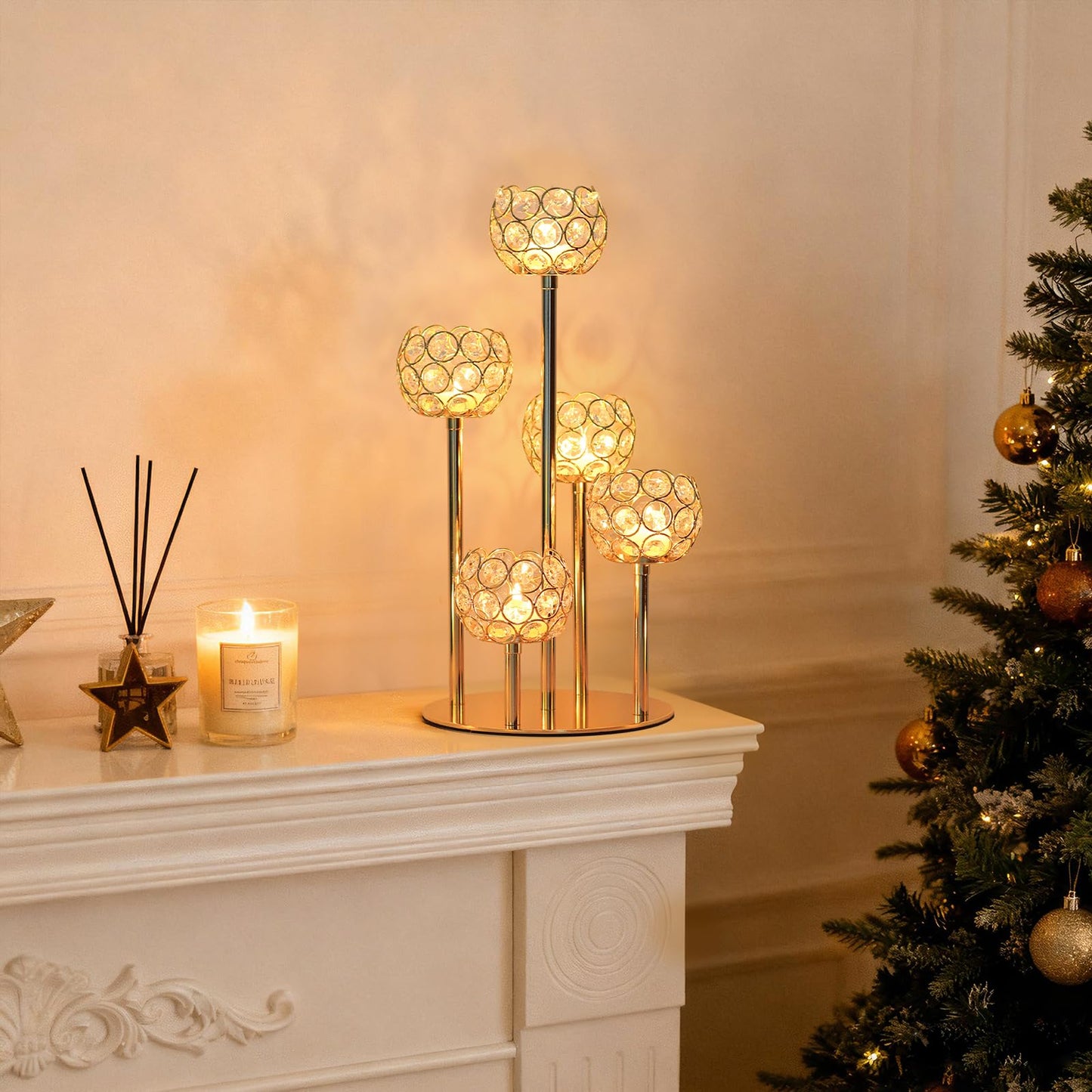 Kolnlala 5-Arm Crystal Tealight Candelabra Centerpiece, 14.8 Inch Metal Candle Holder for Table Decor, Wedding, Christmas, Party, Anniversary & Home Decoration (1, Gold, S-14.8 in)