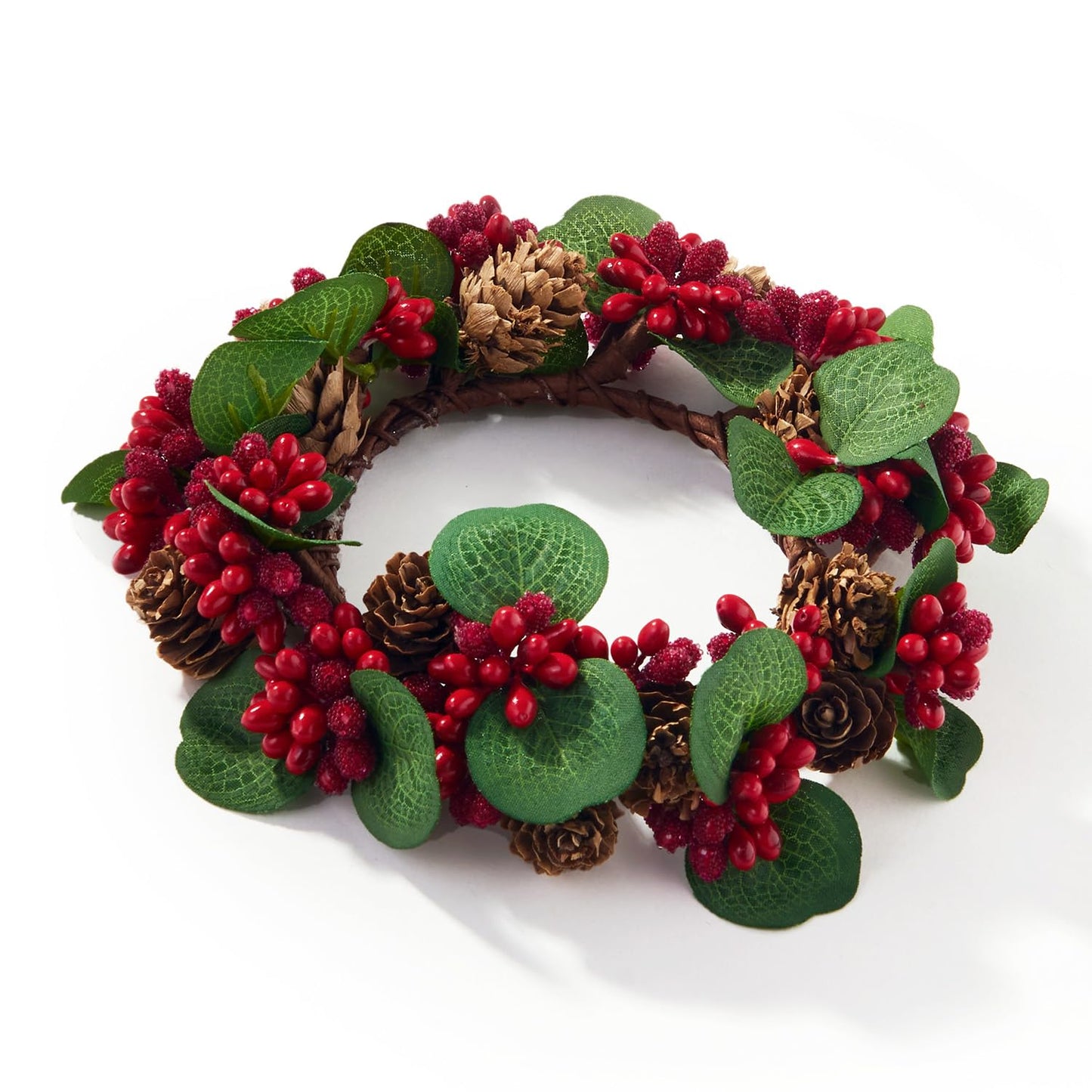 LampLust Winter Candle Rings, Set of 3 Mini Wreaths With Pine Cones & Red Berries, Fit 3 Inch Pillar Candles, Table Decor, Farmhouse Mantel Decor