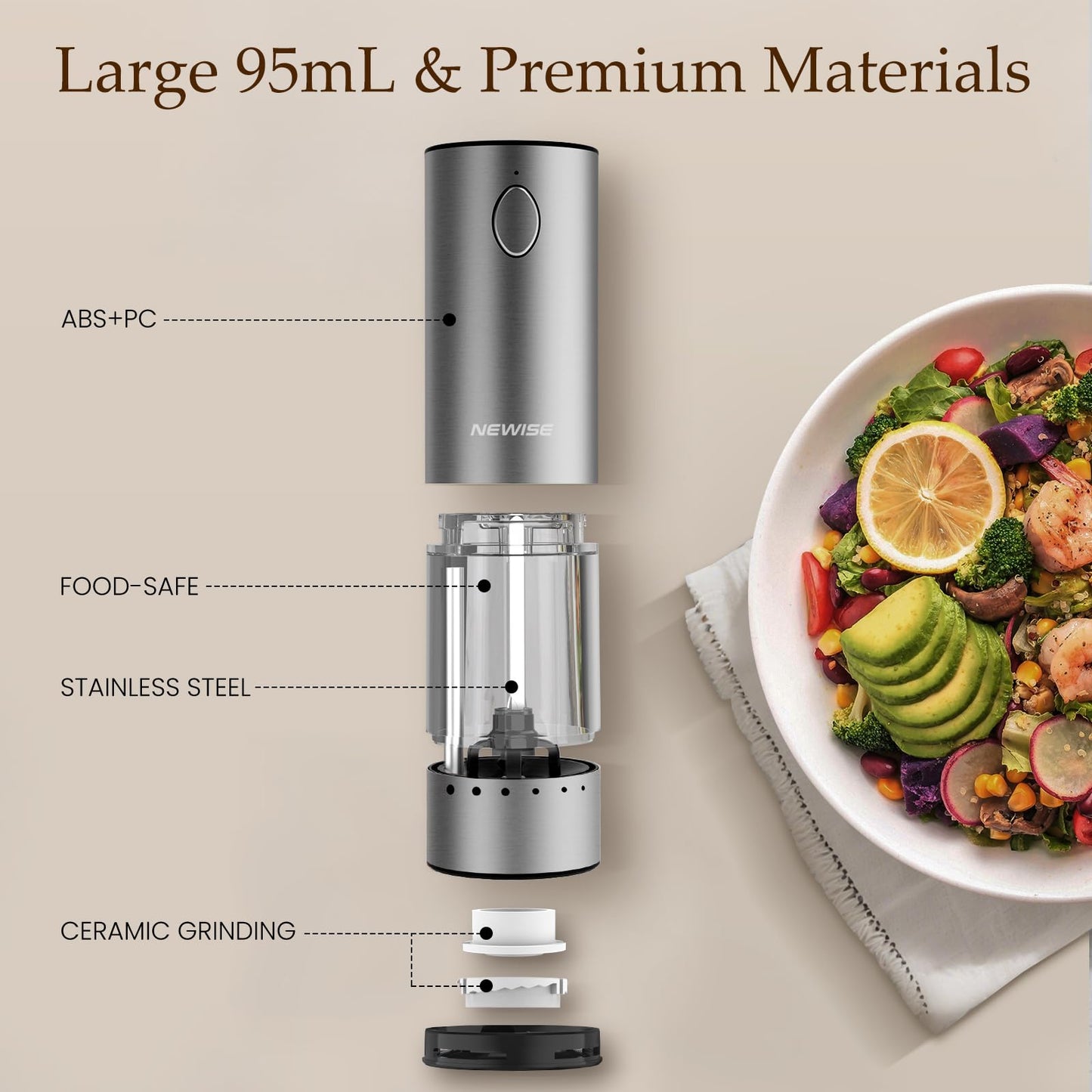 Electric Salt and Pepper Grinder Set - Acacia Wood Base, Rechargeable & Automatic Pepper Mill with LED Lights, Adjustable Coarseness, 95ml Large Capacity for Kitchen