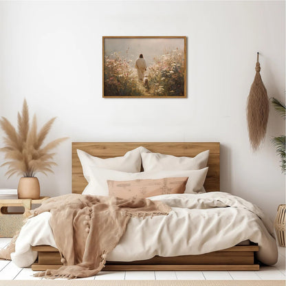 Jesus Leaves the 99 Sheep Wall Art, Christian Jesus and Lamb Pictures Wall Decor Paintings, The Lost Sheep Canvas Prints Religious Home Decor Living Room Bedroom Church Wood Framed 12x16 inch
