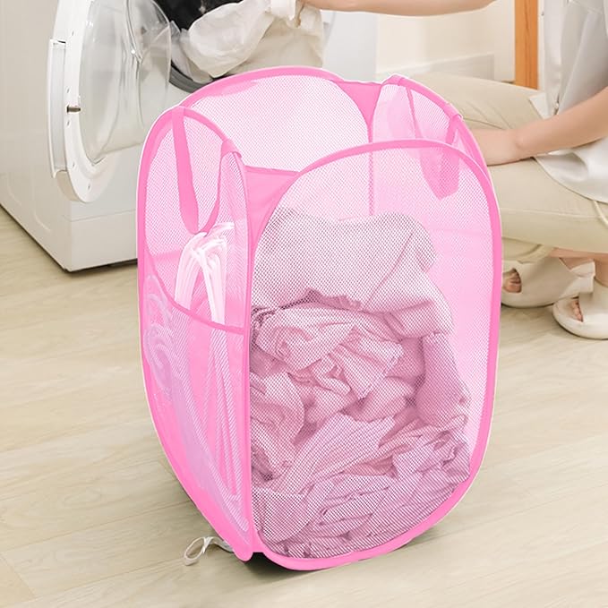 Portable Mesh Pop Up Laundry Hamper Pink Vertical Collapsible Laundry Basket