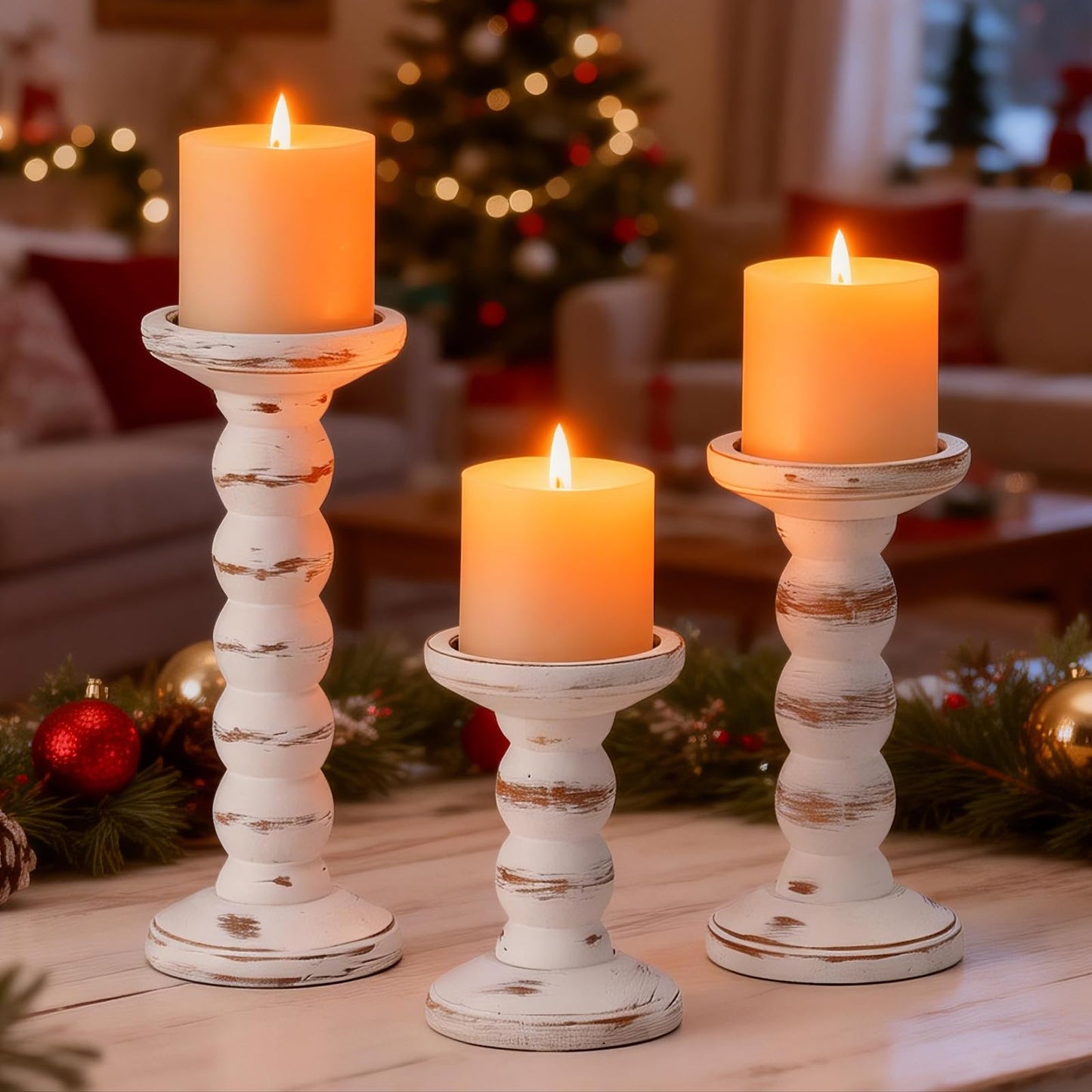 HuiDao Wood Candle Holder, 3Pcs Rustic White Candle Holders for Pillar Candles, Solid Wood Decorative Candle Holders Distressed Wooden Farmhouse Candle Holder Large for Fireplace Table