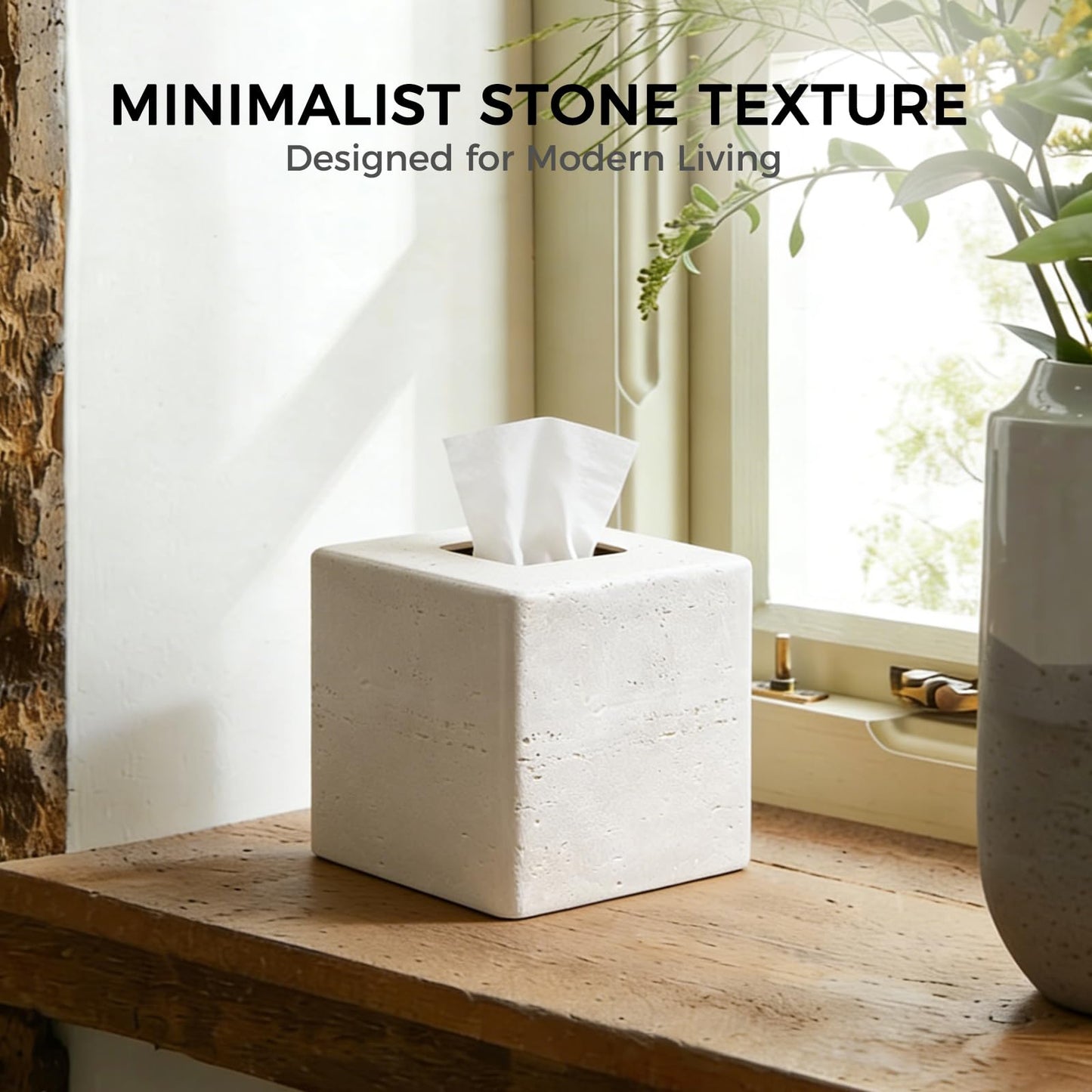 Decorative Square Tissue Box Cover – White Resin Tissue Holder for Bathroom, Bedroom, Countertop, Modern Stone-Look Tissue Box