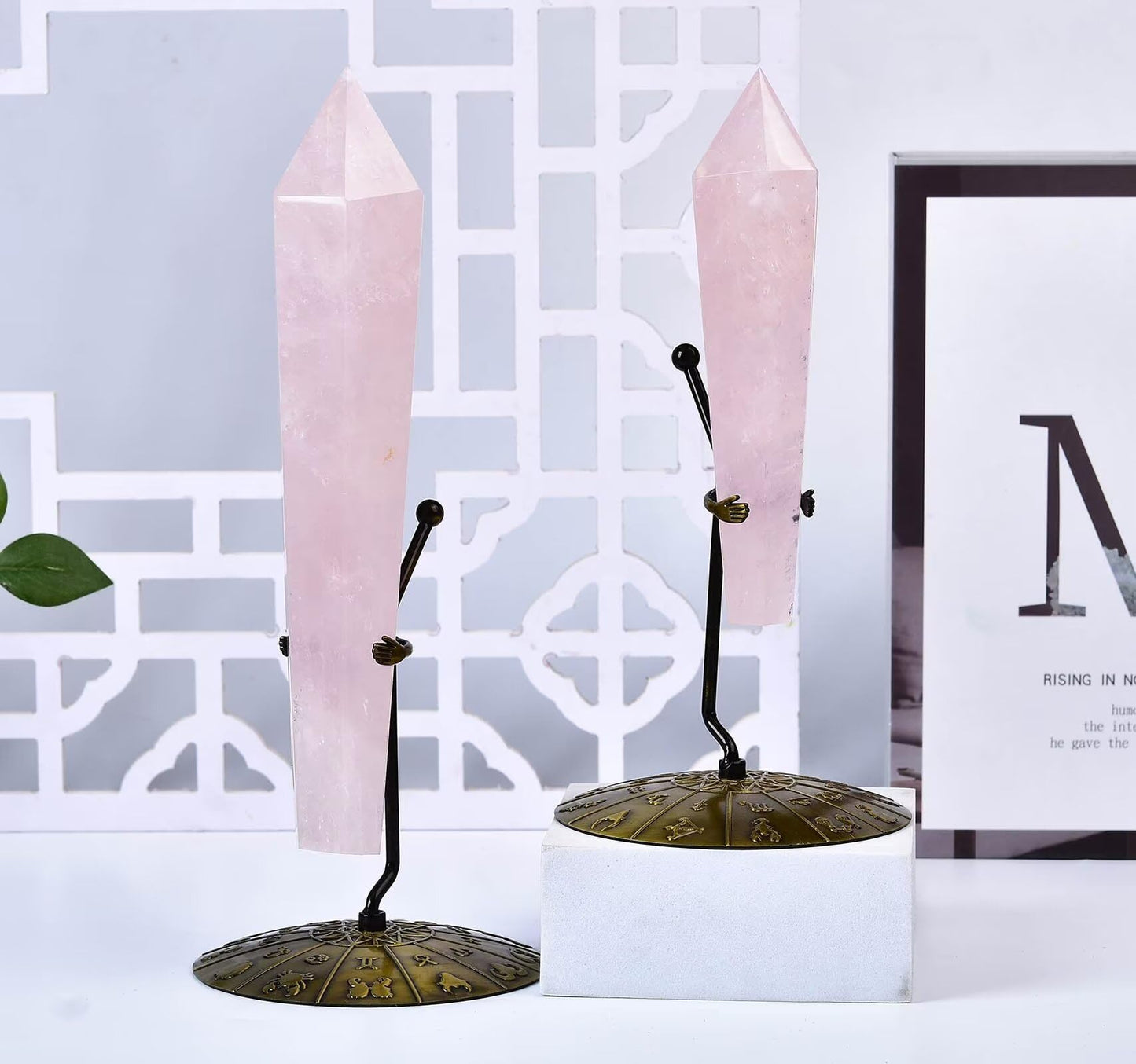 Rose Quartz Wand Point Long Healing Crystal Scepter Decorative Stone Reiki Meditation with Display Stand Home Office Decor 1.1-1.3LBS