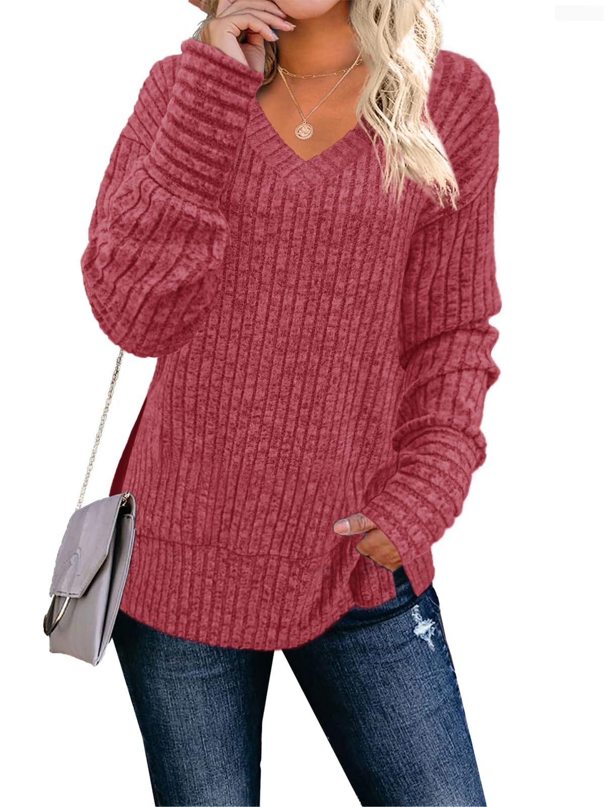 JomeDesign Womens Sweaters Long Sleeve V Neck Shirts Loose Casual Fashion Tops
