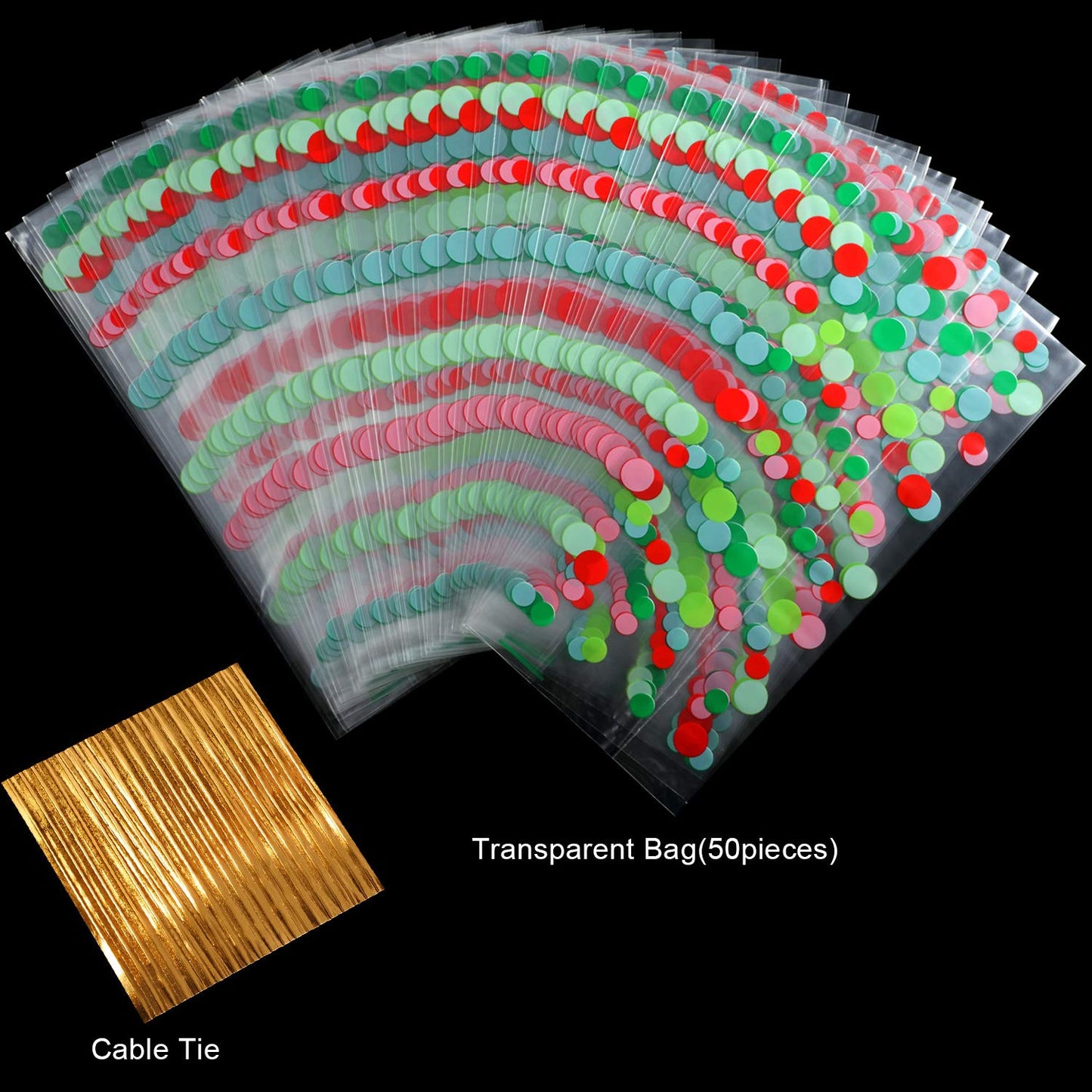HESTYA 50 Counts 5 x 11 Inches Christmas Flat Clear Cellophane Treat Bags Block Bottom Patterned Storage Sweet Bags Twist Ties for Xmas Party Favor(Green, Red Wave Point)