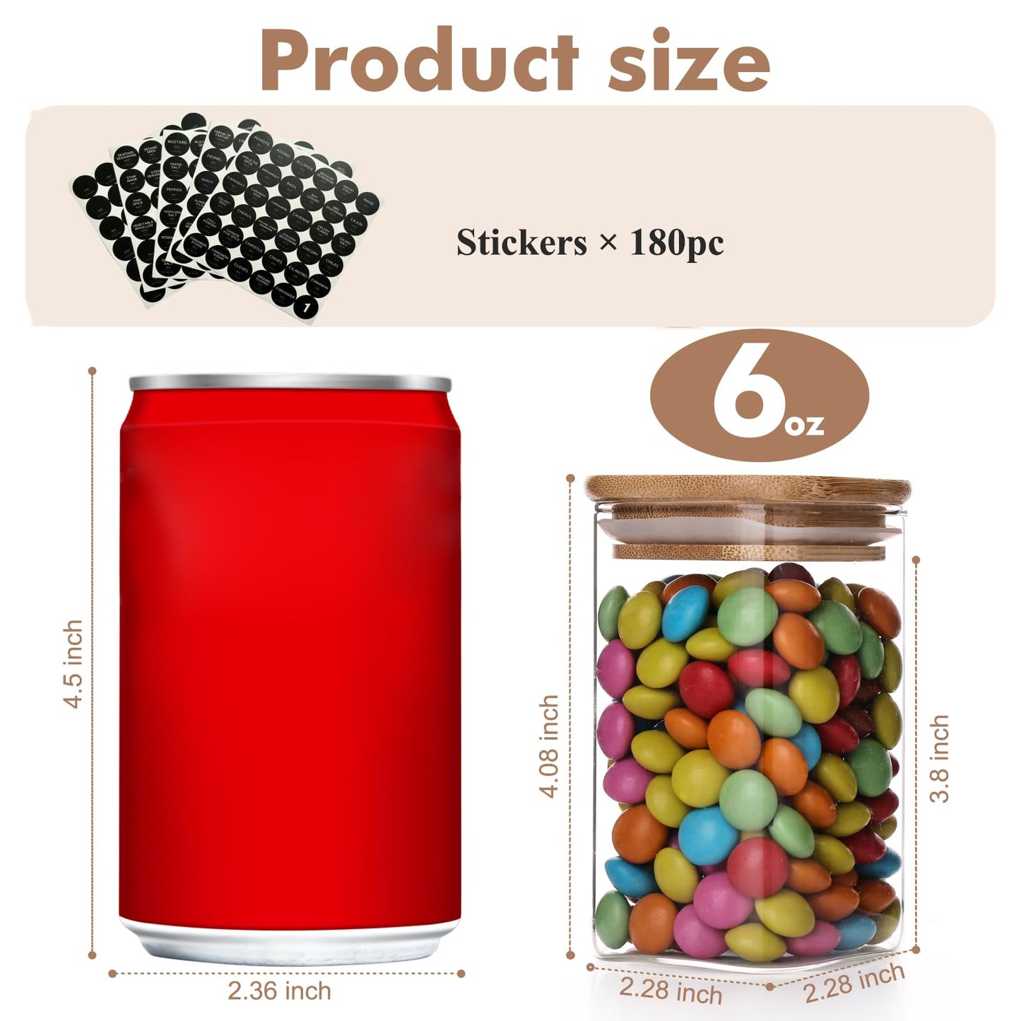 6oz Glass Spice Jars with Bamboo Lid and Label, 12 Pack Square Glass Container, Small Food Storage Containers for Kitchen, Clear Empty Seasoning Jar for Sugar, Salt, Coffee Bean, Herb, Borosilicate