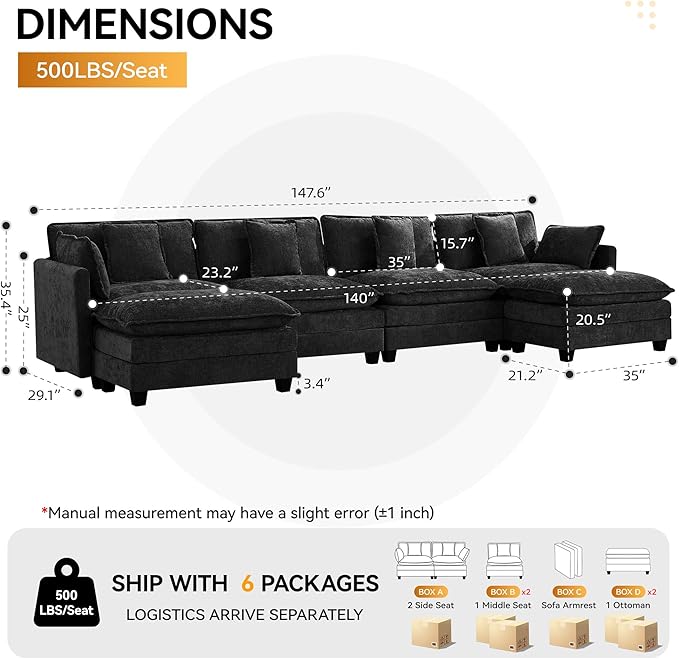 147'' Modualr Sectional Cloud Deep Seat Couch, Oversized Chenille U Shaped
