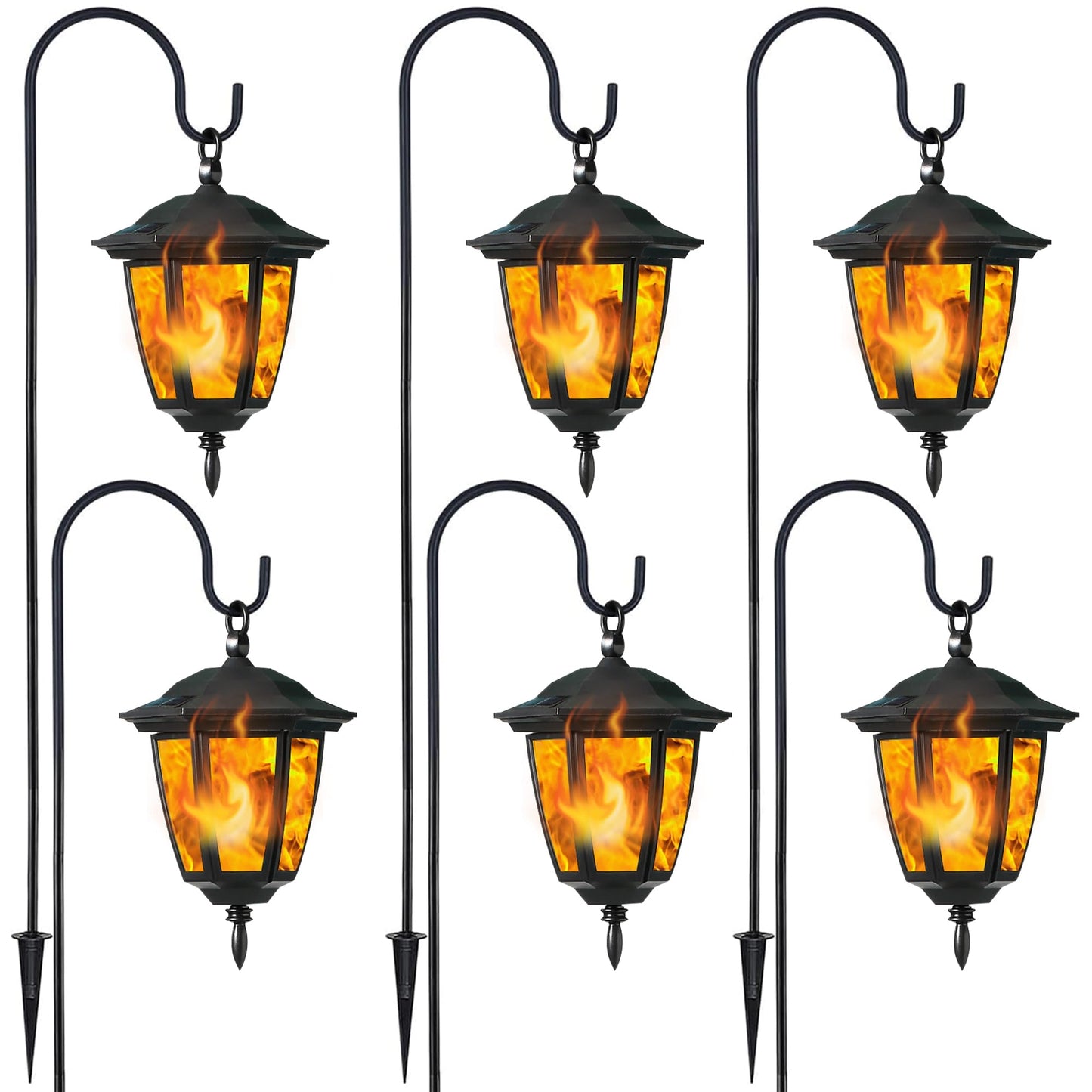 Dynaming 6 Pack Solar Flame Hanging Lights Outdoor, Halloween Solar Flickering Flame LED Garden Lanterns with 6 x 38 Inch Shepherd Hooks, Christmas Lighting for Lawn Patio Yard Pathway Driveway