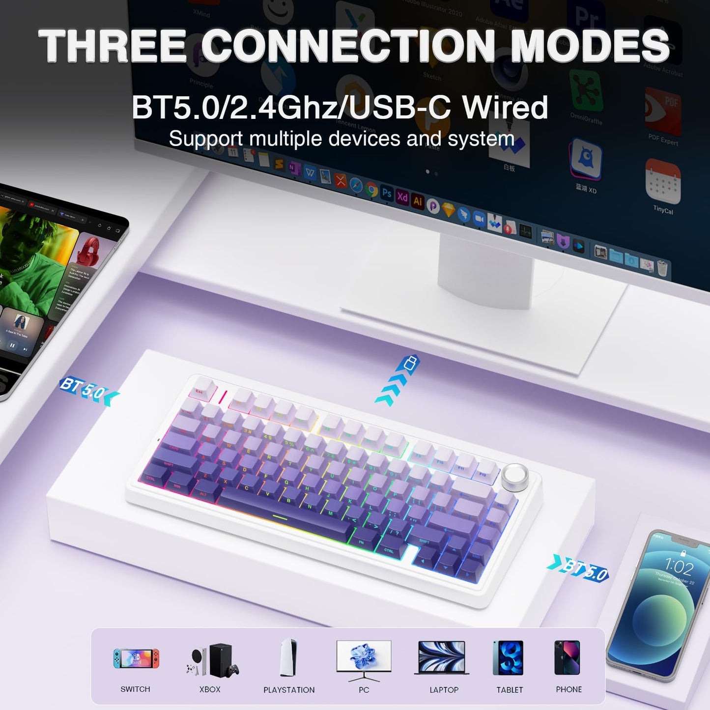 AULA F75 Pro Wireless Mechanical Keyboard,75% Hot Swappable Custom Keyboard with Knob,RGB Backlit,Pre-lubed Reaper Switches,Side Printed PBT Keycaps,2.4GHz/USB-C/BT5.0 Mechanical Gaming Keyboards