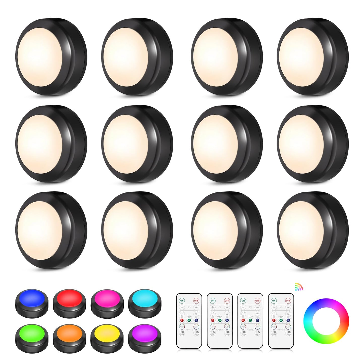 Ahuledlight LED Puck Lights with Remote Control, 16 Color Changing Wireless Under Cabinet Lighting with Dimmer & Timer, AAA Battery Operated,Under for Closet Bedroom Kitchen, Stair (12 Pack Black)