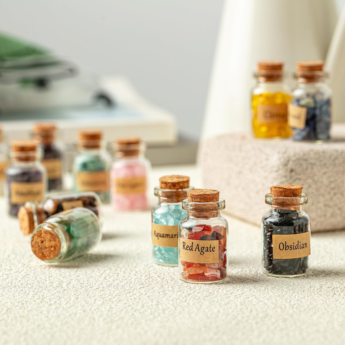 KHOCOEE 24 Gemstone Bottles Chip Crystals and Healing Stone, Chakra Healing Crystals Bottles, Wicca Gem Stones Set, Witchcraft Crystals