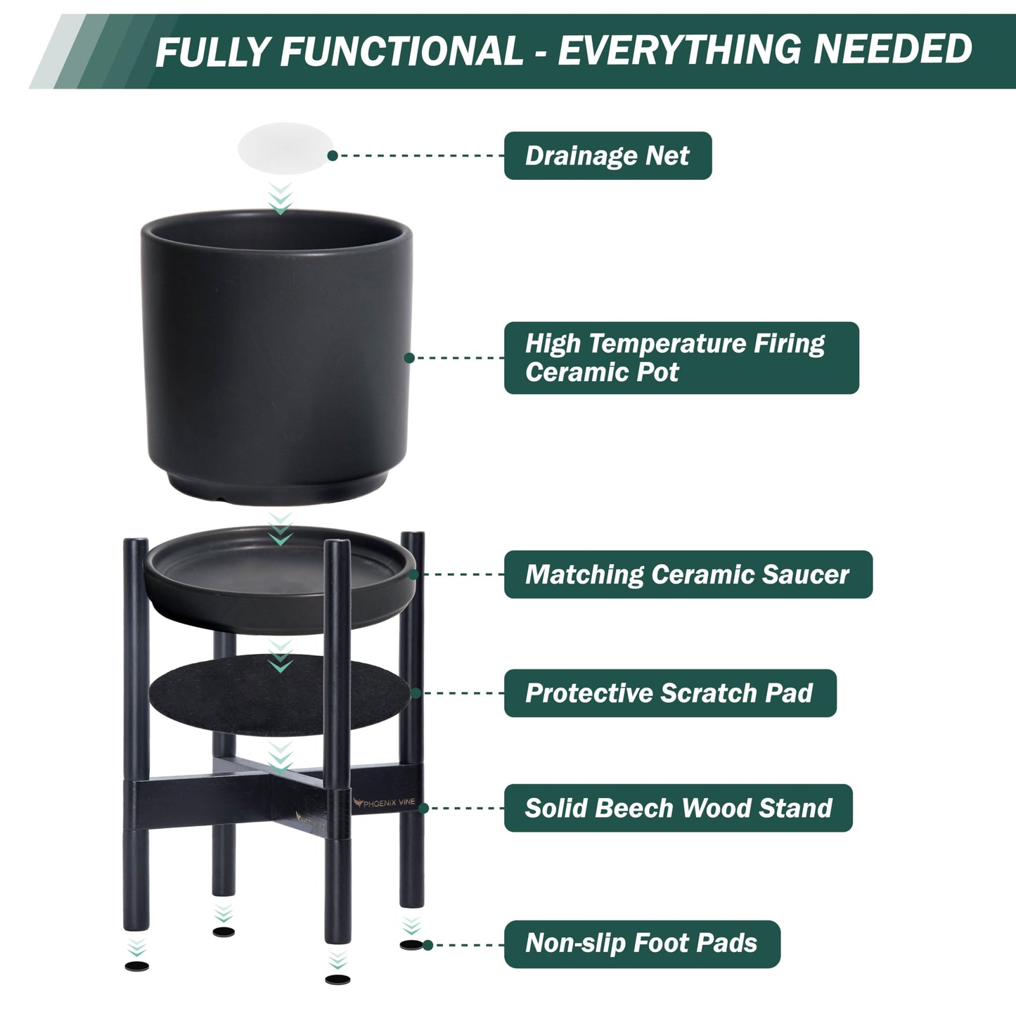 D'vine Dev Ceramic Planter with Ebony Stand - 8 Inch Modern Round Flower Pot with Wood Planter Holder, Black, 55-B-M-2
