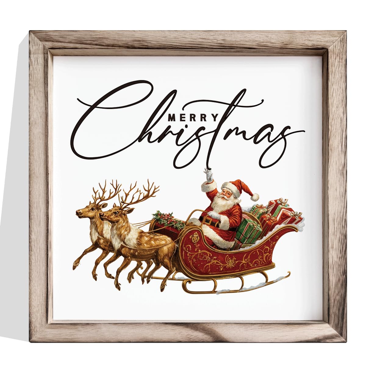 Christmas Wall Decor, Merry Christmas Santa Sleigh Wall Sign, Decorative Wooden Frame Decor, Farmhouse Holiday Art for Living Room Entryway, Framed MDF Hanging Decoration