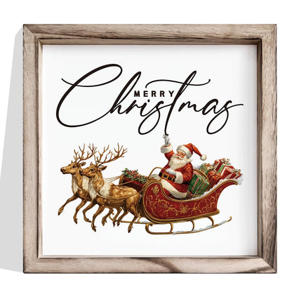 Christmas Wall Decor, Merry Christmas Santa Sleigh Wall Sign, Decorative Wooden Frame Decor, Farmhouse Holiday Art for Living Room Entryway, Framed MDF Hanging Decoration