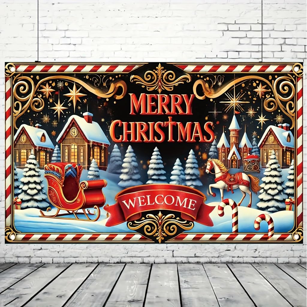Tomhong Merry Christmas Welcome Sign 71x43inch Large Outdoor Yard Banner forWinter Holiday Party Porch Decoration Festive Xmas Scene with Sleigh Horse Candy Cane andSnowy Village