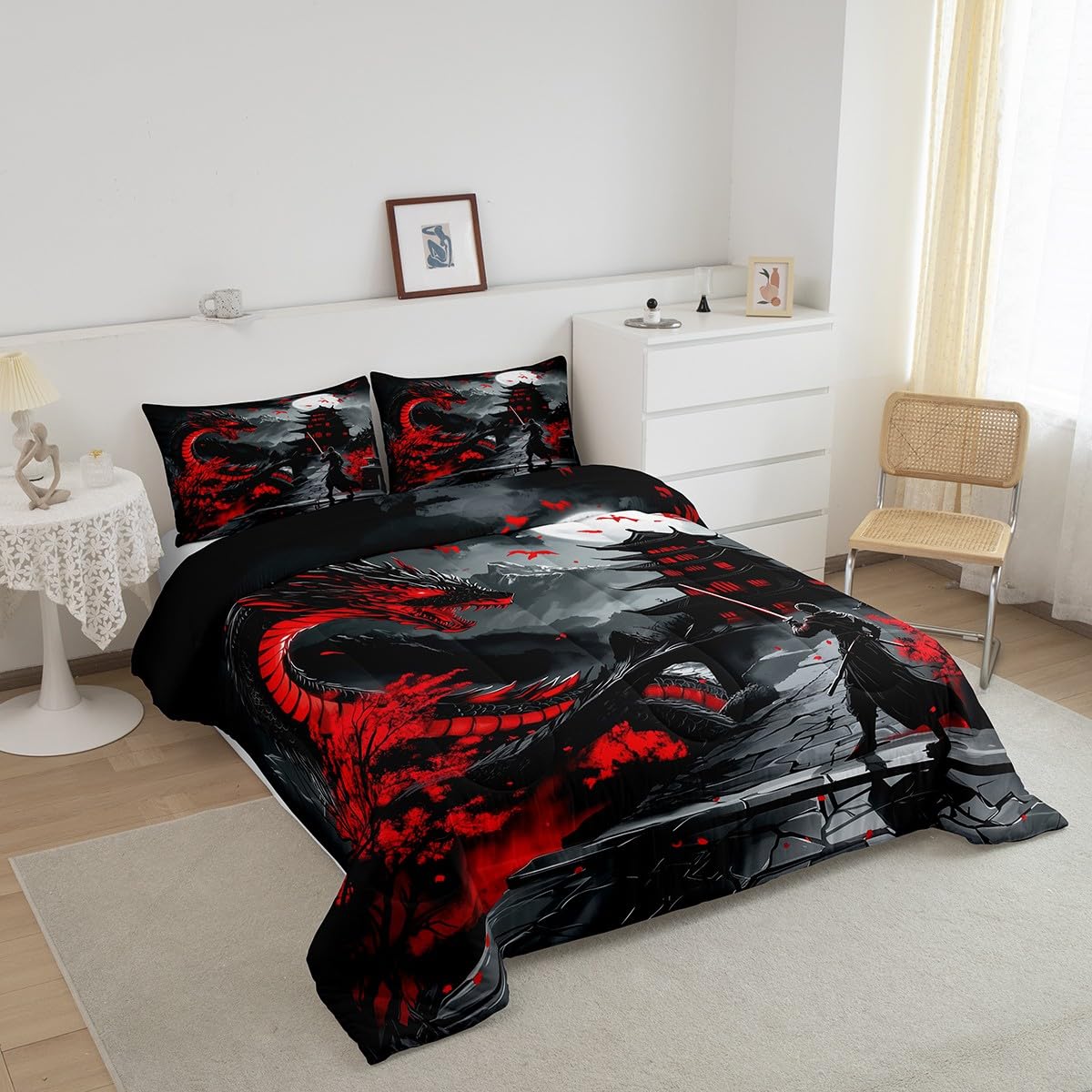 Erosebridal Dragon Bedding Set Queen Size, Japanese Style Comforter Set for Teens Youth Adult Men Room, Ancient Animal Quilt, Retro Wildlife Ukiyo-E Down Comforter, Black Grey Red
