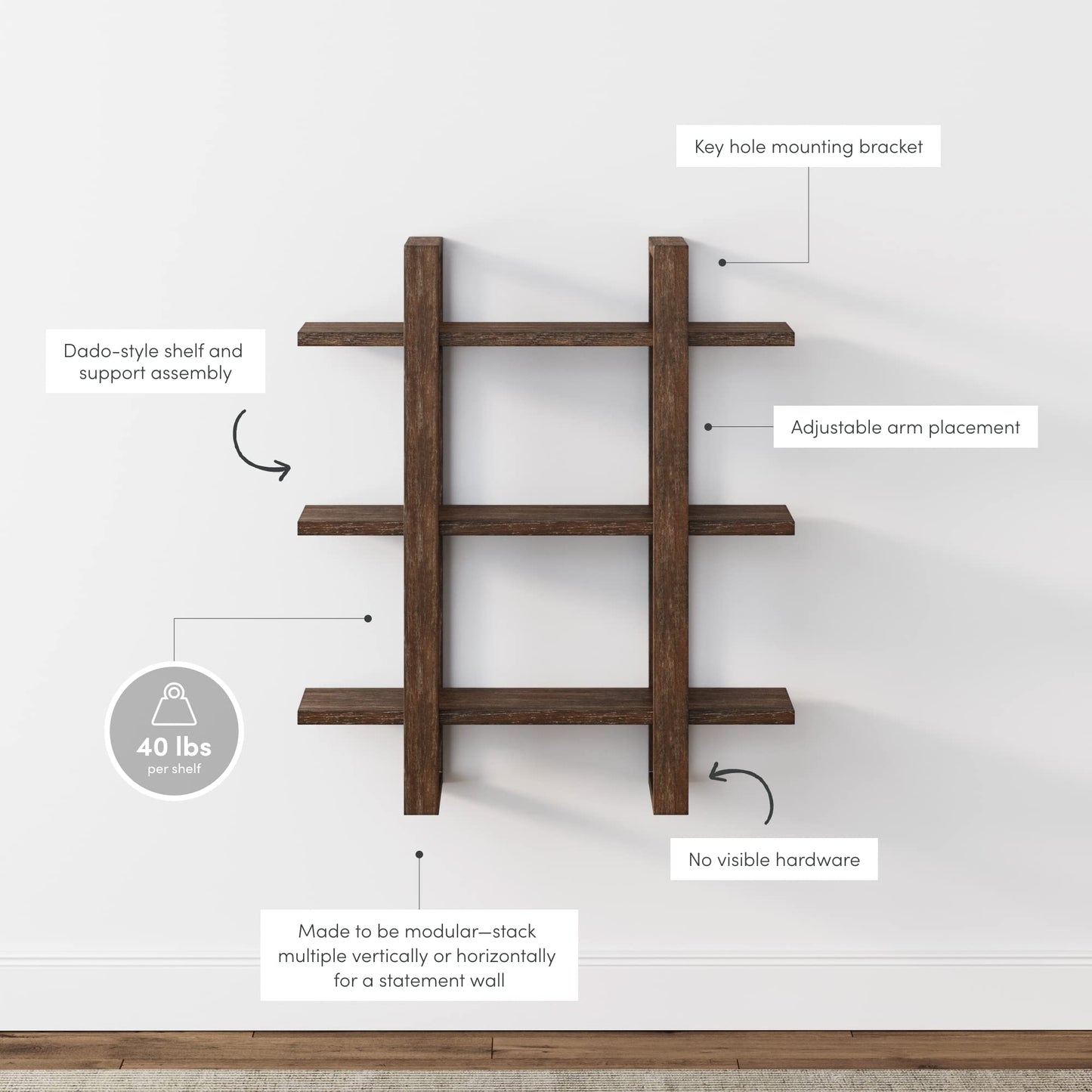 Nathan James Floating Wall Book Shelves, 3-Tier Display Shelf, Decorative Modular Shelf in Solid Wood for Bedroom, Nursery, Bathroom or Kitchen, Set of 2