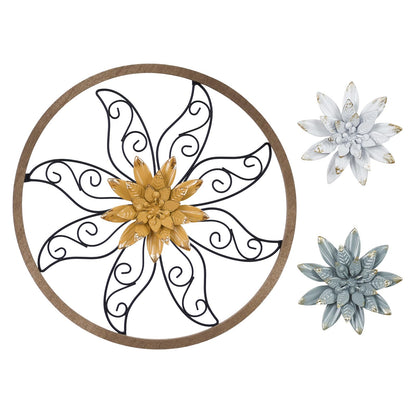 hogardeck Metal Flower Wall Decor - 11" Metal Wood Floral with 3 pcs Interchangeable Flowers Wall Decoration for Bedroom, Living Room, Bathroom, Kitchen, Outdoor Wall Art