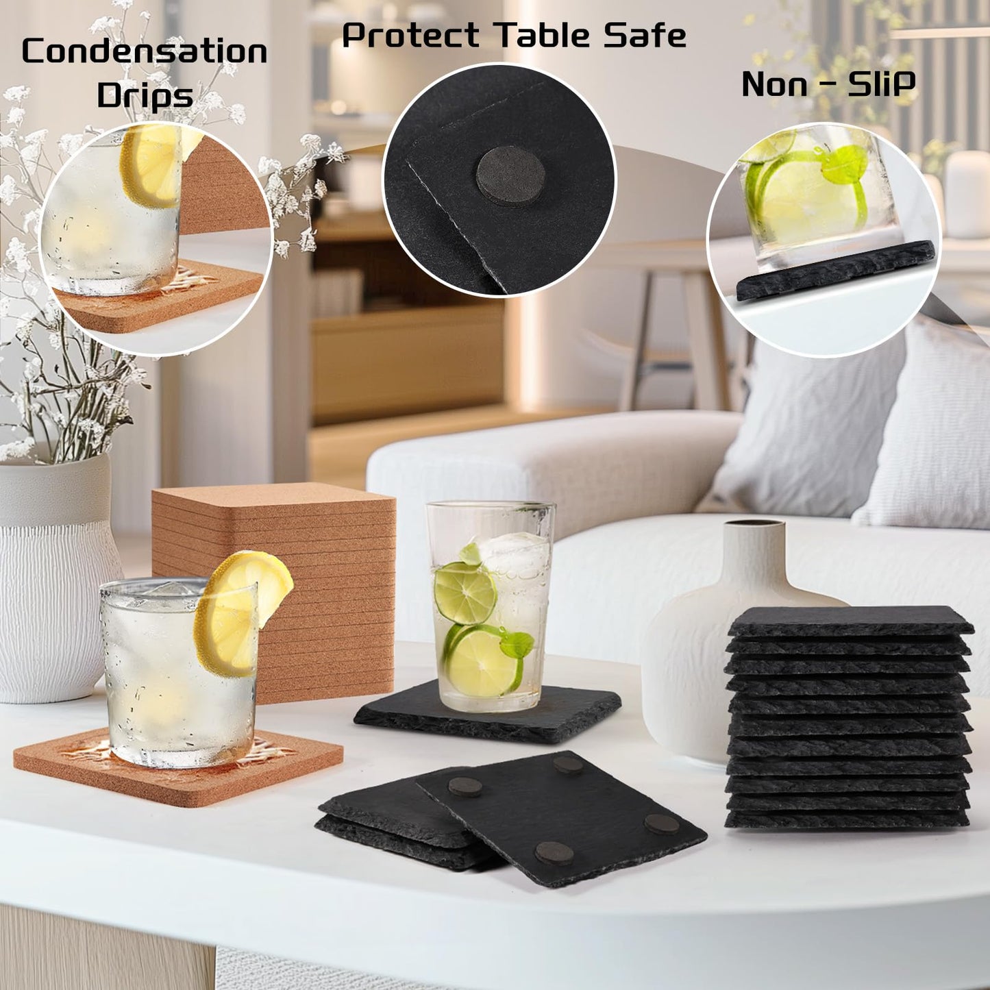 100 PCS Coaster Bulk for Laser Engraving, MAPRIAL 4 Inch 50 PCS Blanks Black Handmade Slate Stone Coasters, 50 PCS Cork Coasters, Engravable Materials for Engraver, Gifts, Crafts, Square