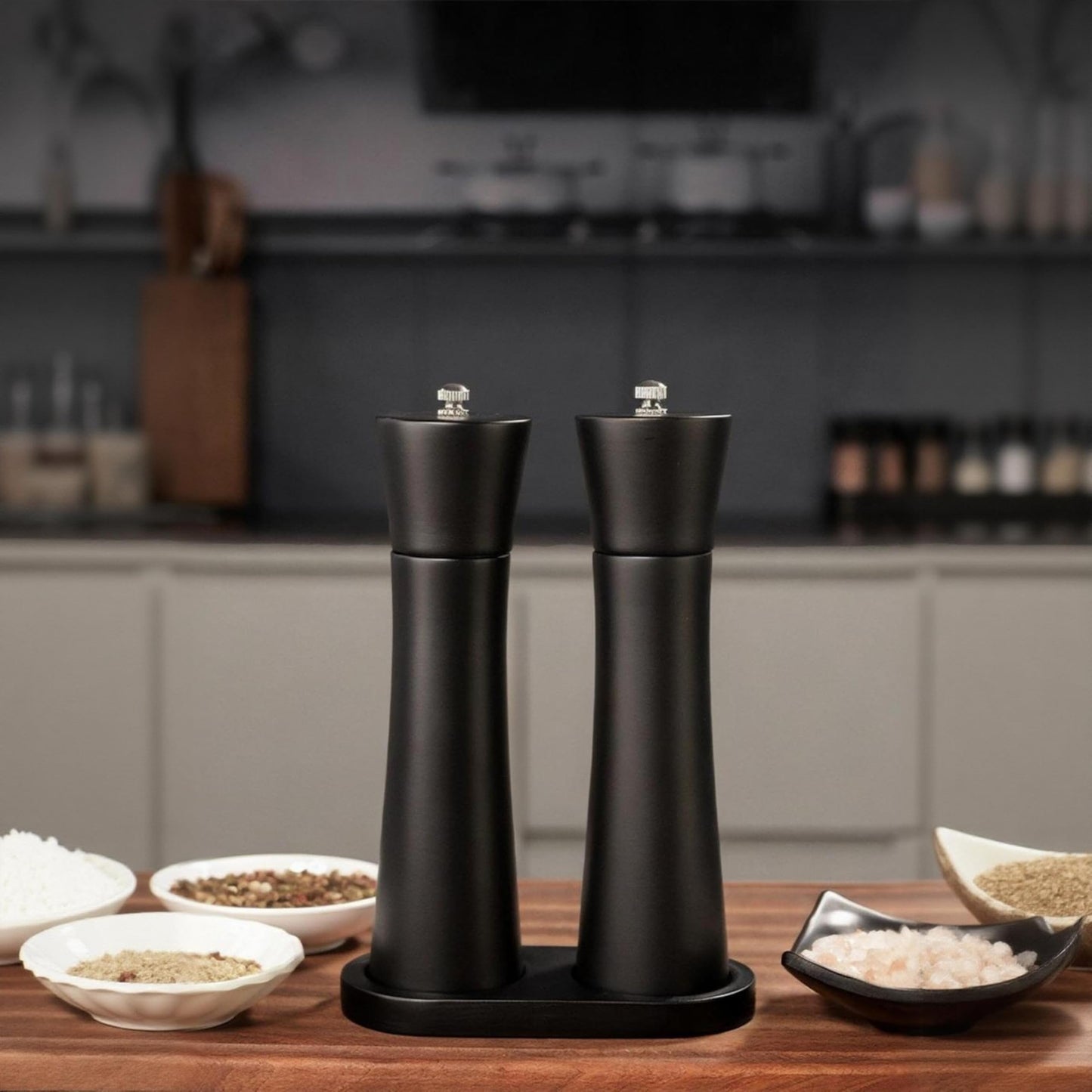 Black Salt and Pepper Mill Set with Stand, 8.5 inch, Matte Black Grinders, Adjustable Ceramic Mechanism