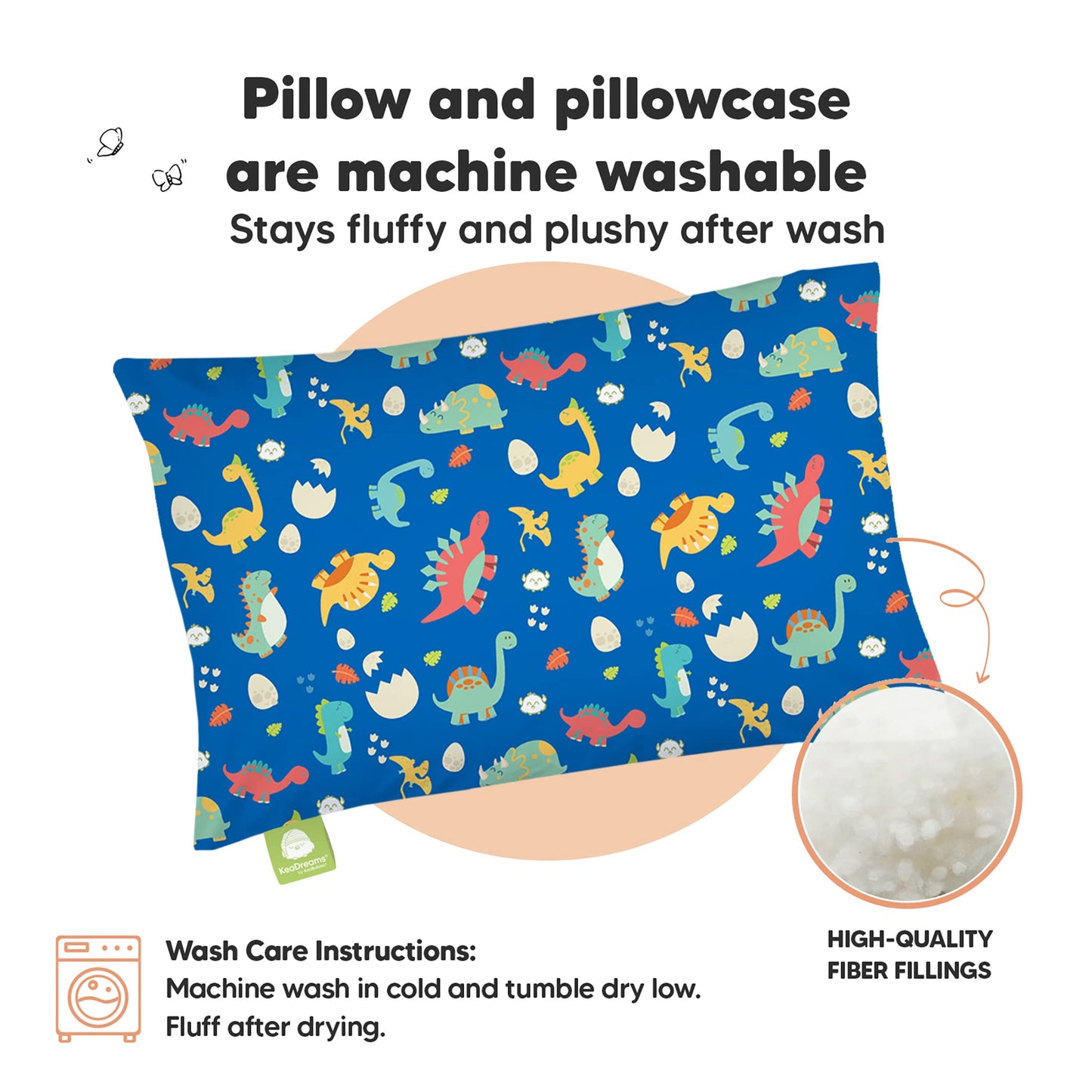 Toddler Pillow with Pillowcase - 13x18 My Little Dreamy Kids Travel Bed Pillows for Sleeping, Organic Cotton Small Pillowcase, Soft & Breathable, Machine Washable, Toddlers 2-5 Years Old (DinoWorld)