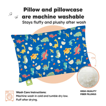 Toddler Pillow with Pillowcase - 13x18 My Little Dreamy Kids Travel Bed Pillows for Sleeping, Organic Cotton Small Pillowcase, Soft & Breathable, Machine Washable, Toddlers 2-5 Years Old (DinoWorld)